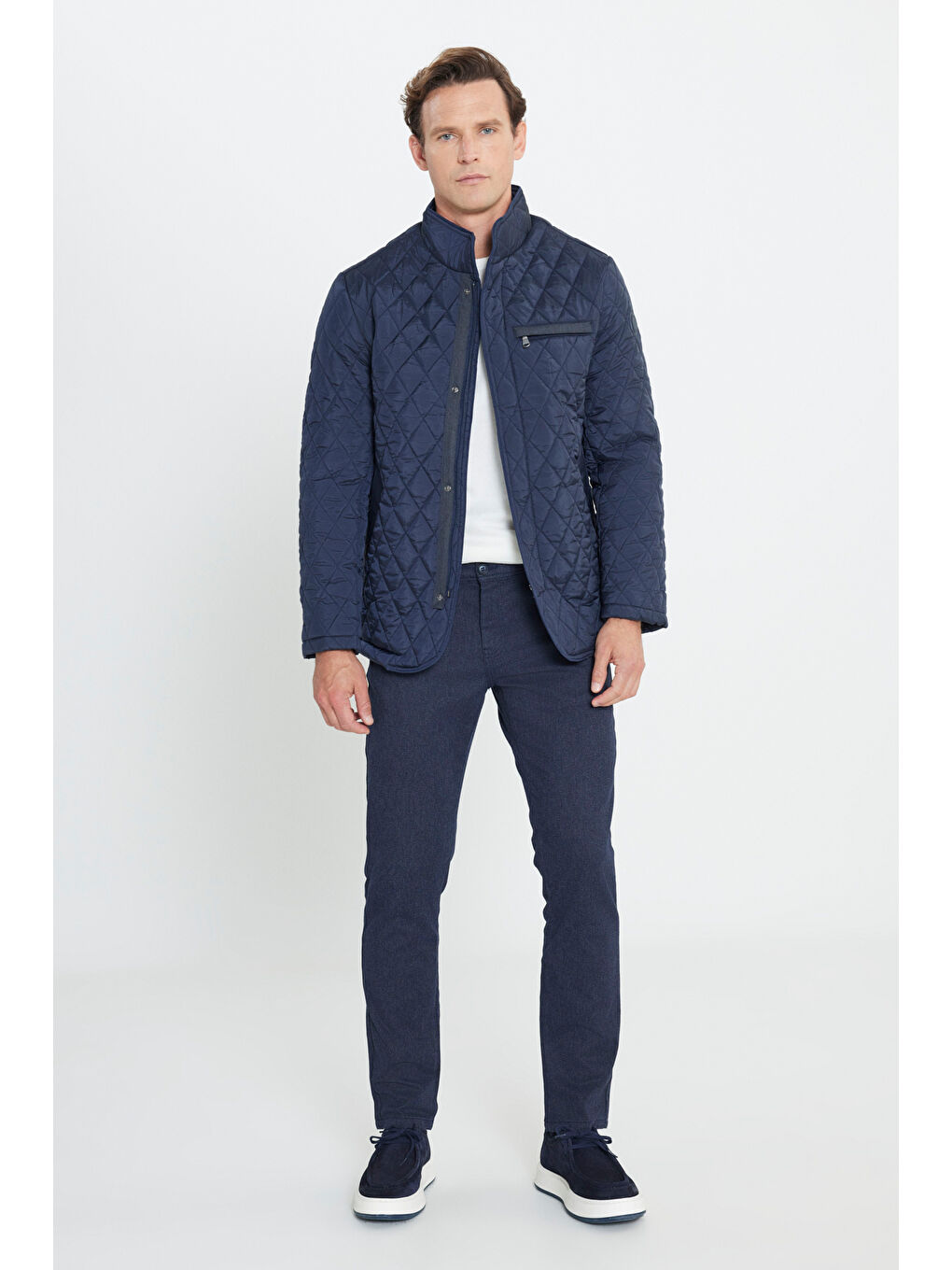 Erkek Lacivert Standart Fit Normal Kesim Dik Yaka Desenli Kapitone Overcoat-1