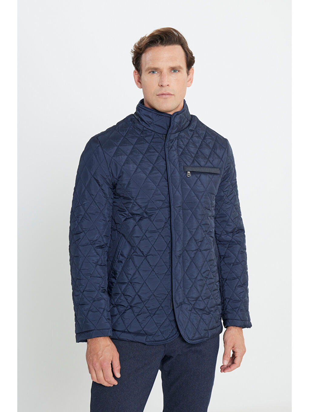 Erkek Lacivert Standart Fit Normal Kesim Dik Yaka Desenli Kapitone Overcoat-2