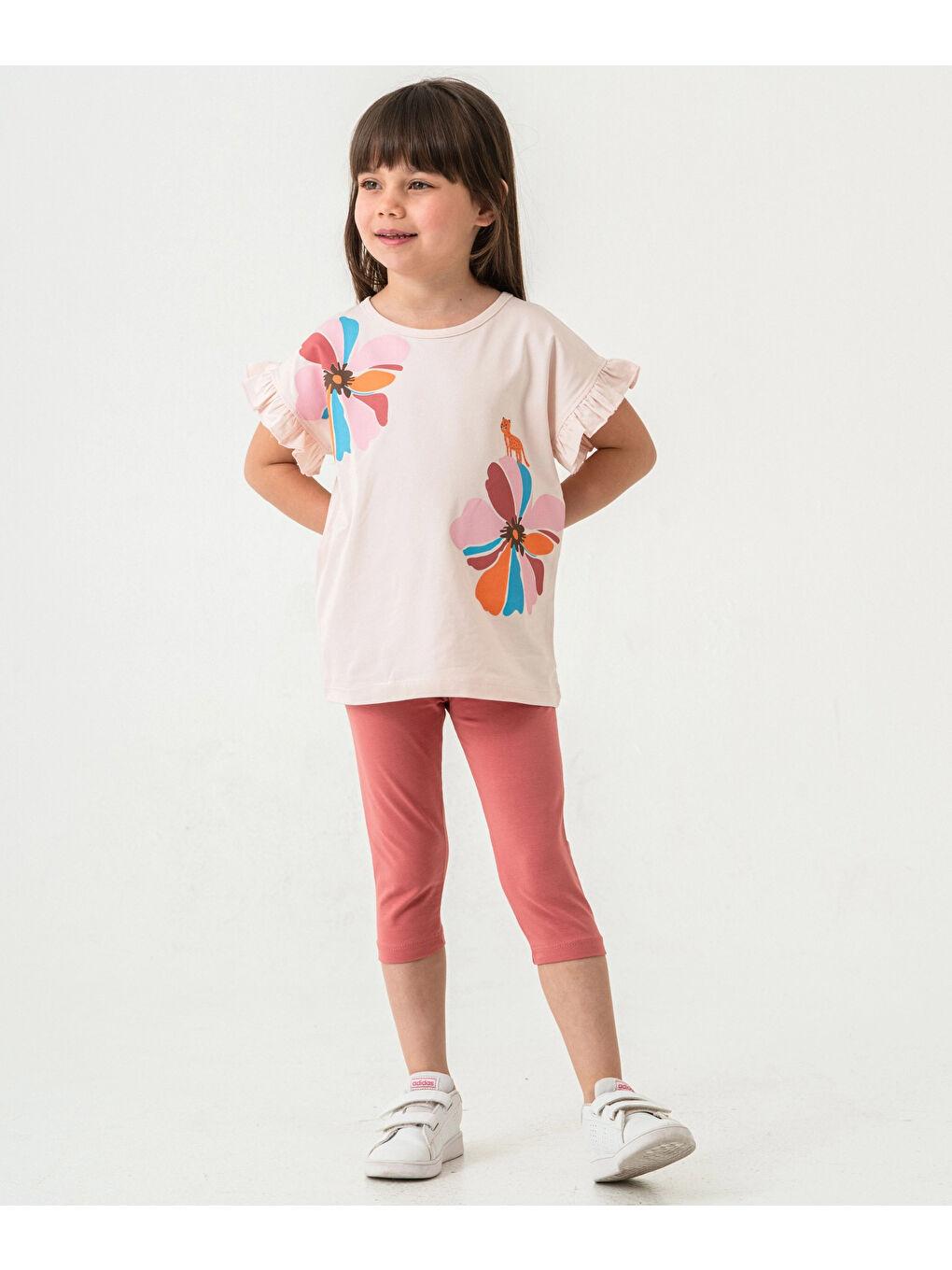 Pembe Çiçek Ve Kedi Baskılı Kız Çocuk Takım 50353-1