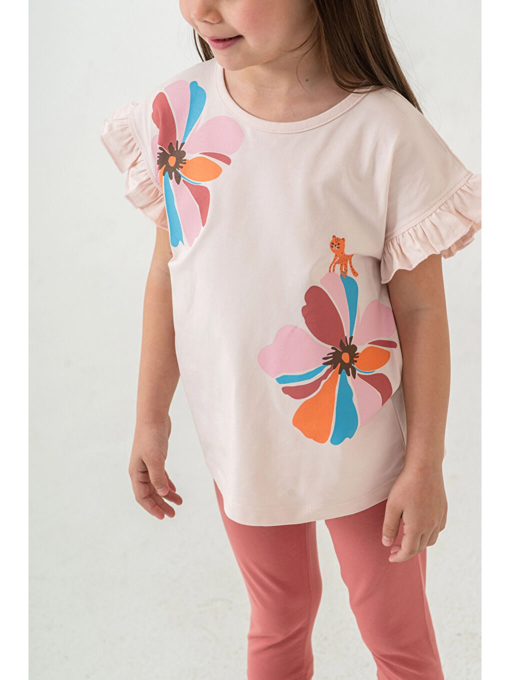 Pembe Çiçek Ve Kedi Baskılı Kız Çocuk Takım 50353-2