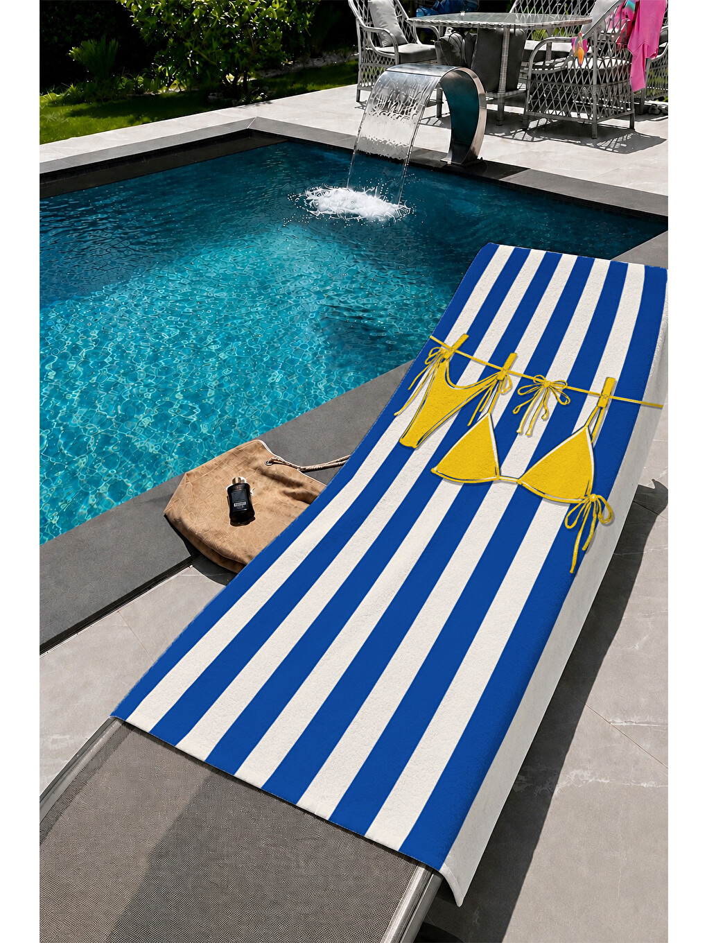 Ekru Mavi Beyaz Şerit Bikini Desenli 70x150 Plaj Havlusu-1
