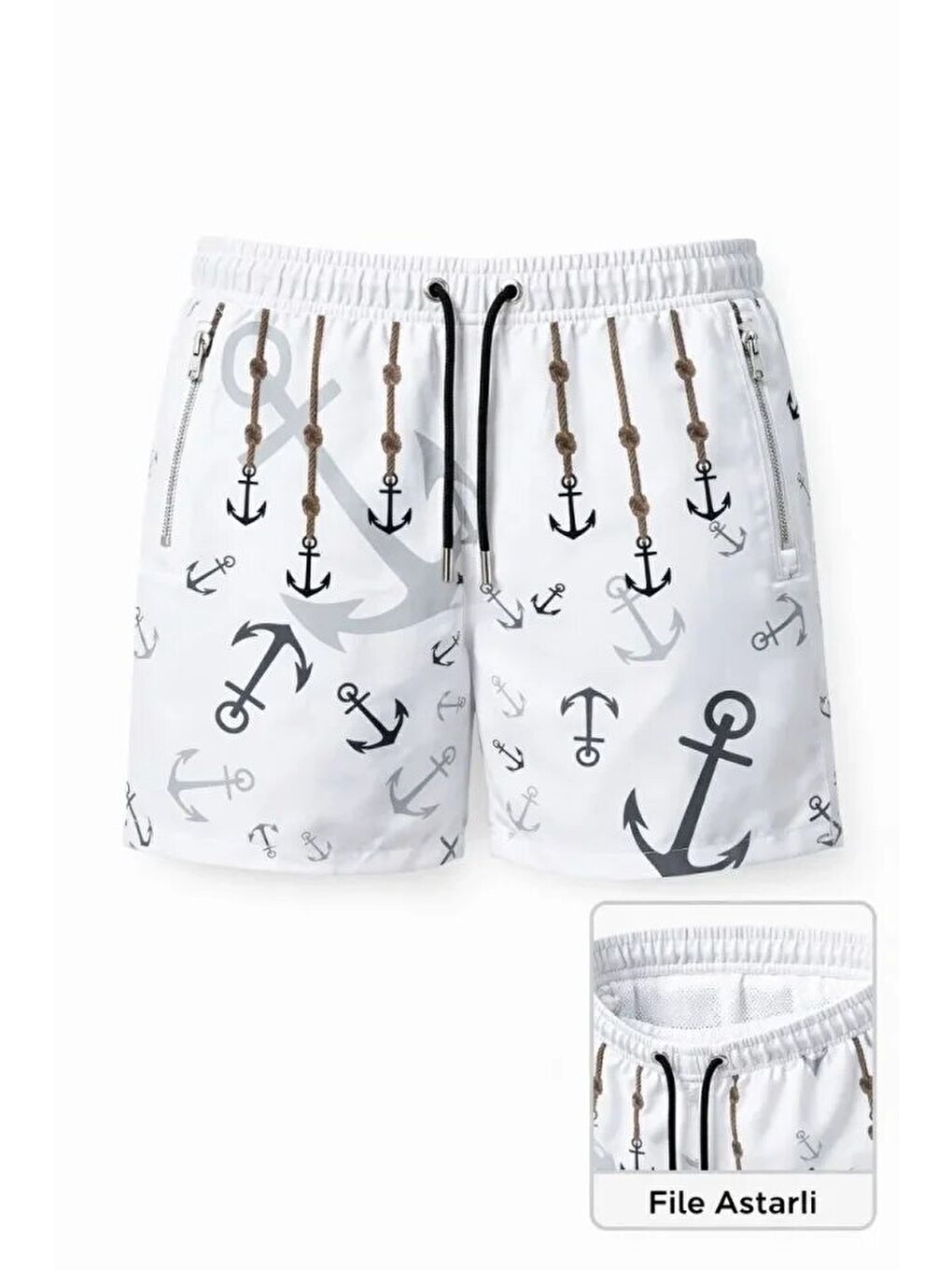 Erkek Deniz Şortu Fermuarlı Cepli File Astarlı Hızlı Kuruyan Premium - Beyaz
