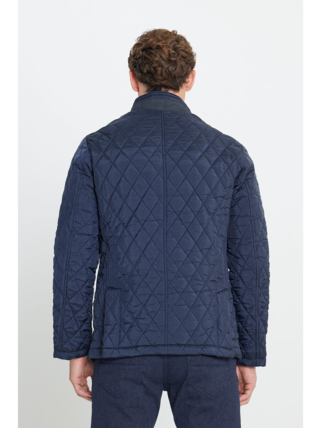 Erkek Lacivert Standart Fit Normal Kesim Dik Yaka Desenli Kapitone Overcoat-4