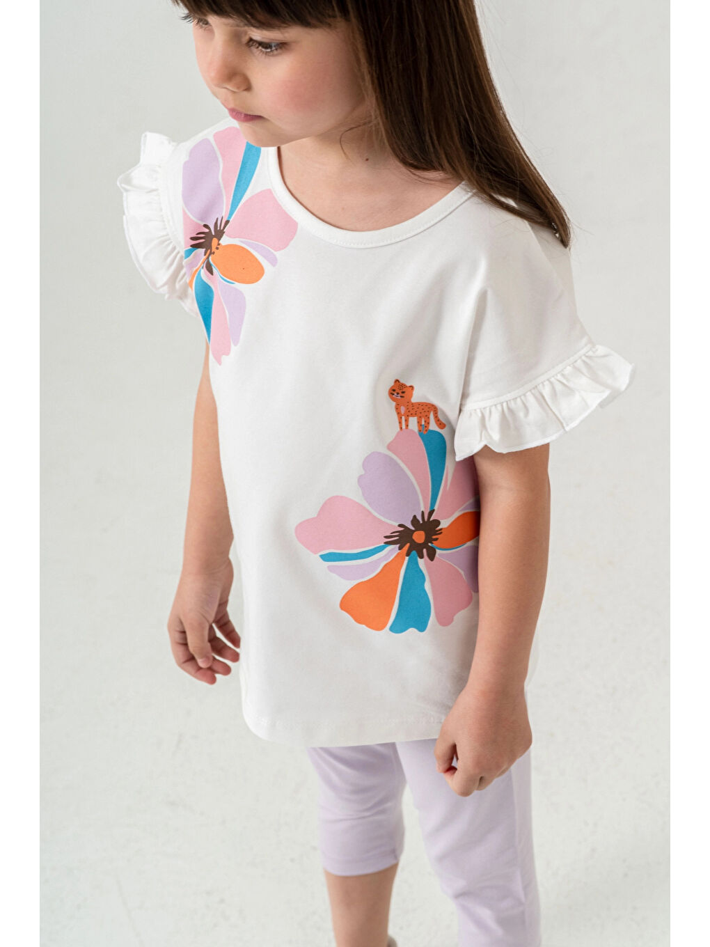 Ekru Çiçek Ve Kedi Baskılı Kız Çocuk Takım 50353-1