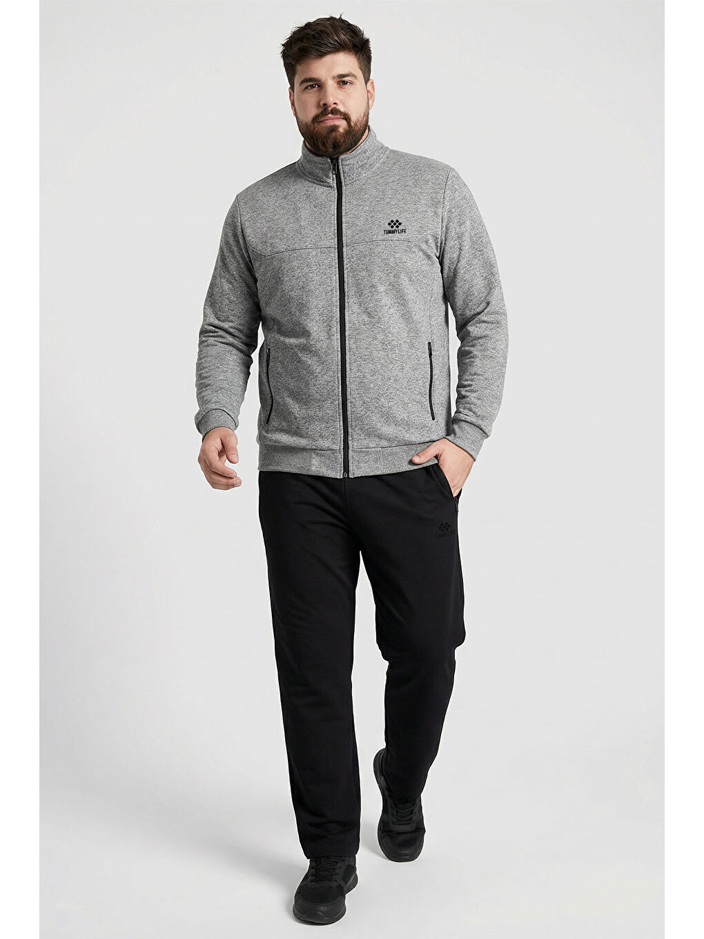 Gri Melanj - Siyah Dik Yaka Battal Büyük Beden Erkek Eşofman Takım - 85176