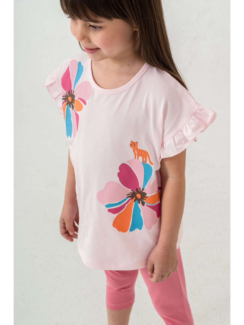 Pembe Çiçek Ve Kedi Baskılı Kız Çocuk Takım 50353-1