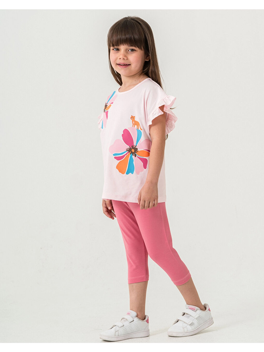 Pembe Çiçek Ve Kedi Baskılı Kız Çocuk Takım 50353-2
