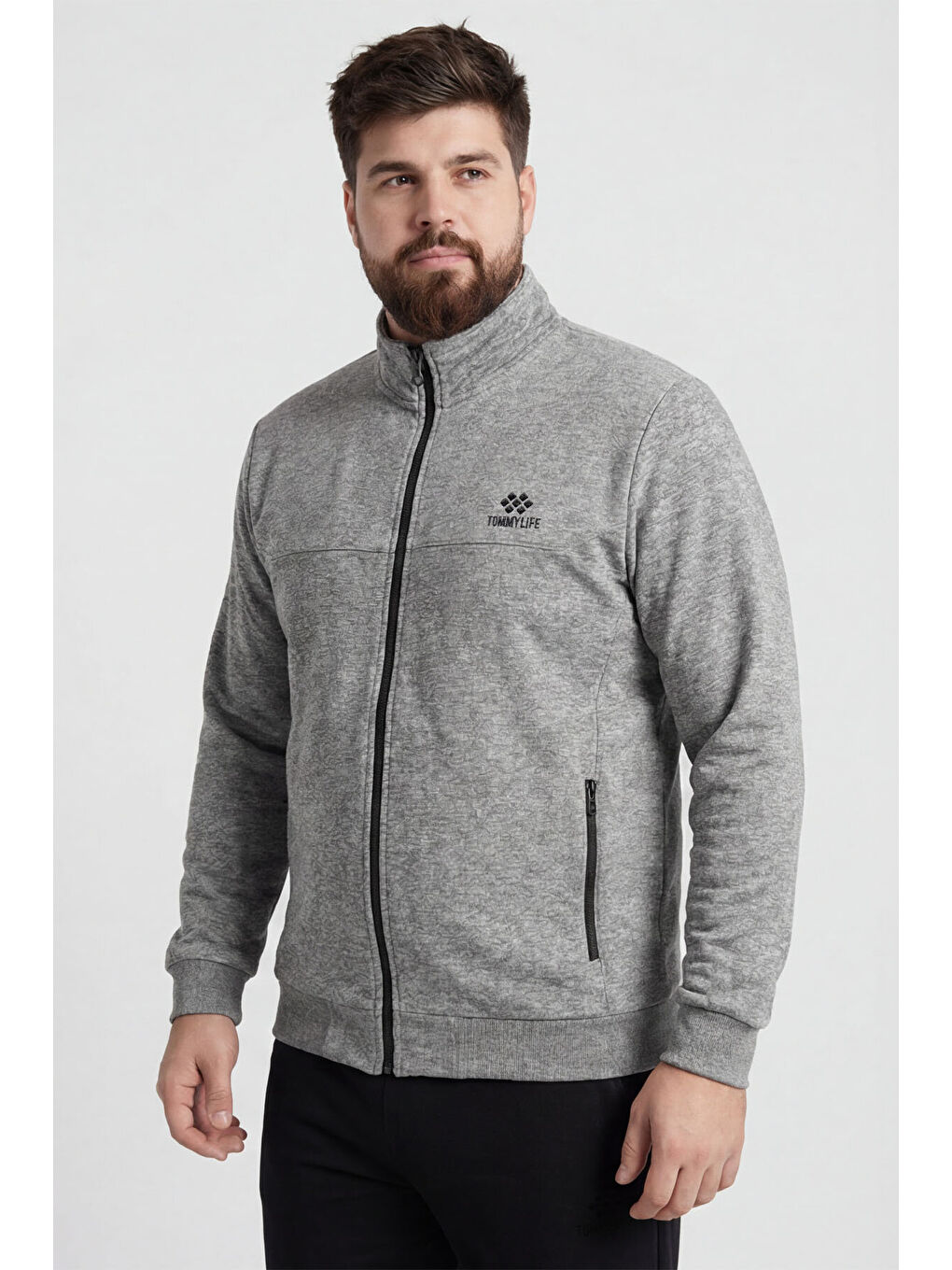 Gri Melanj - Siyah Dik Yaka Battal Büyük Beden Erkek Eşofman Takım - 85176-2