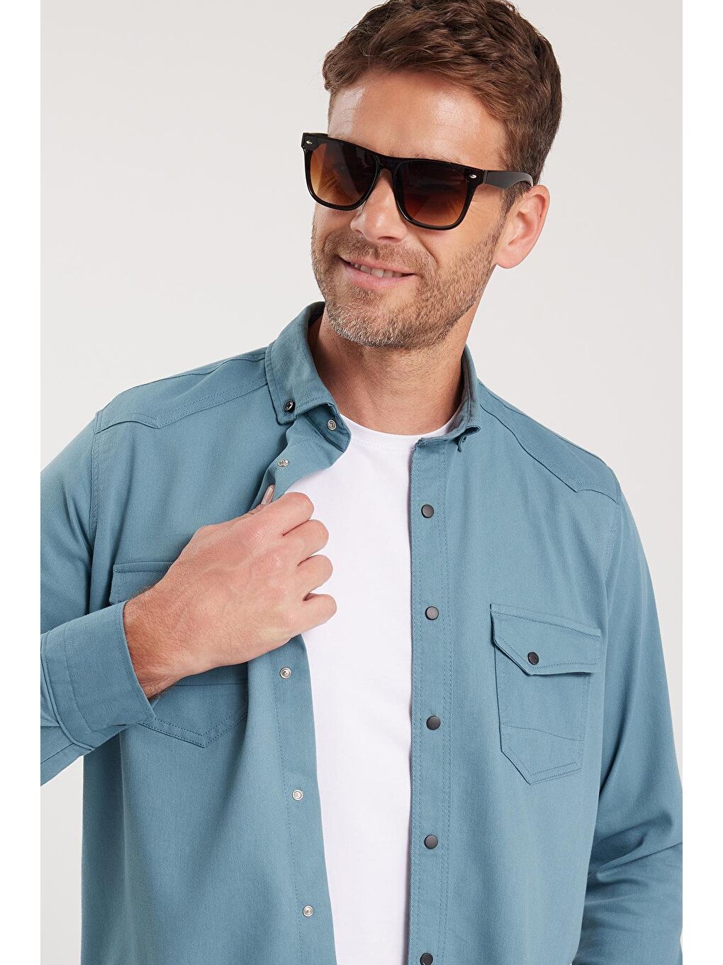 Erkek Regular Fit Rahat Kesim Çift Cepli Spor Yaka Denim Petrol Gömlek-1