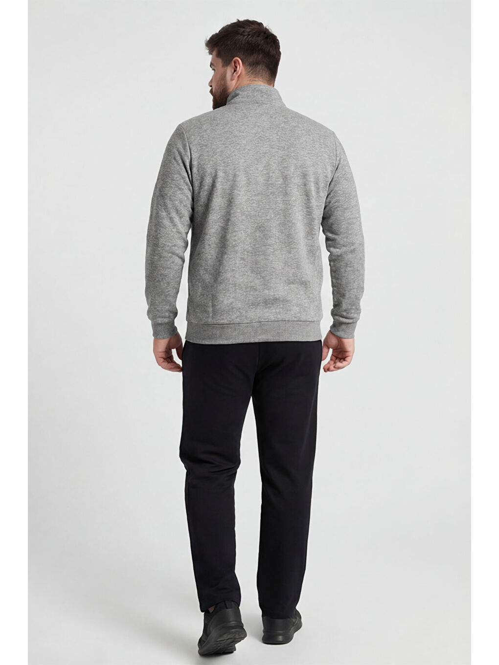 Gri Melanj - Siyah Dik Yaka Battal Büyük Beden Erkek Eşofman Takım - 85176-3