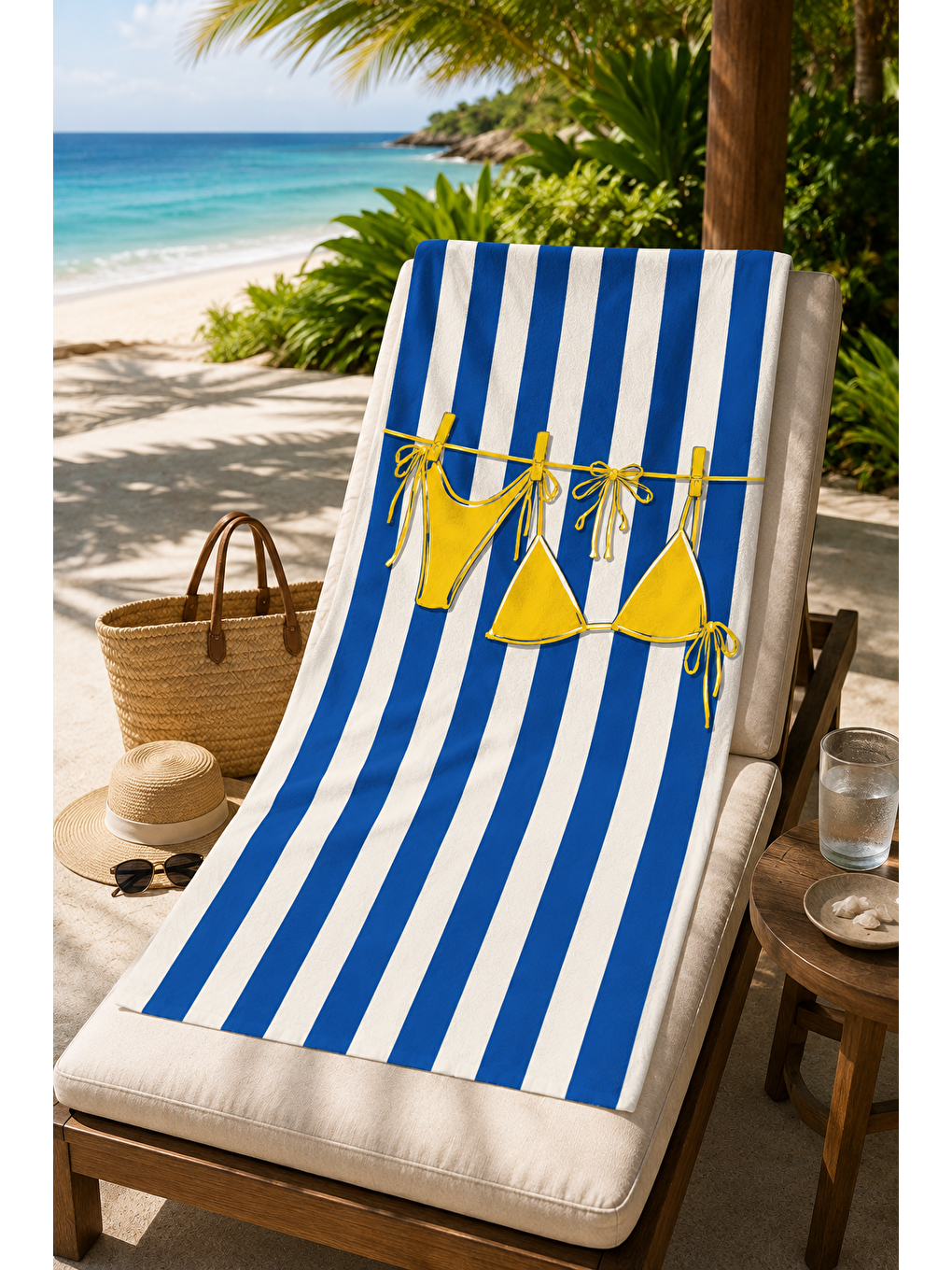 Ekru Mavi Beyaz Şerit Bikini Desenli 70x150 Plaj Havlusu-2