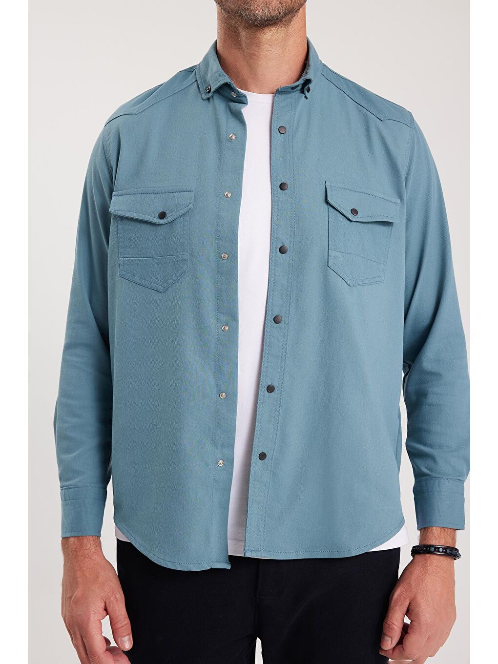 Erkek Regular Fit Rahat Kesim Çift Cepli Spor Yaka Denim Petrol Gömlek-2
