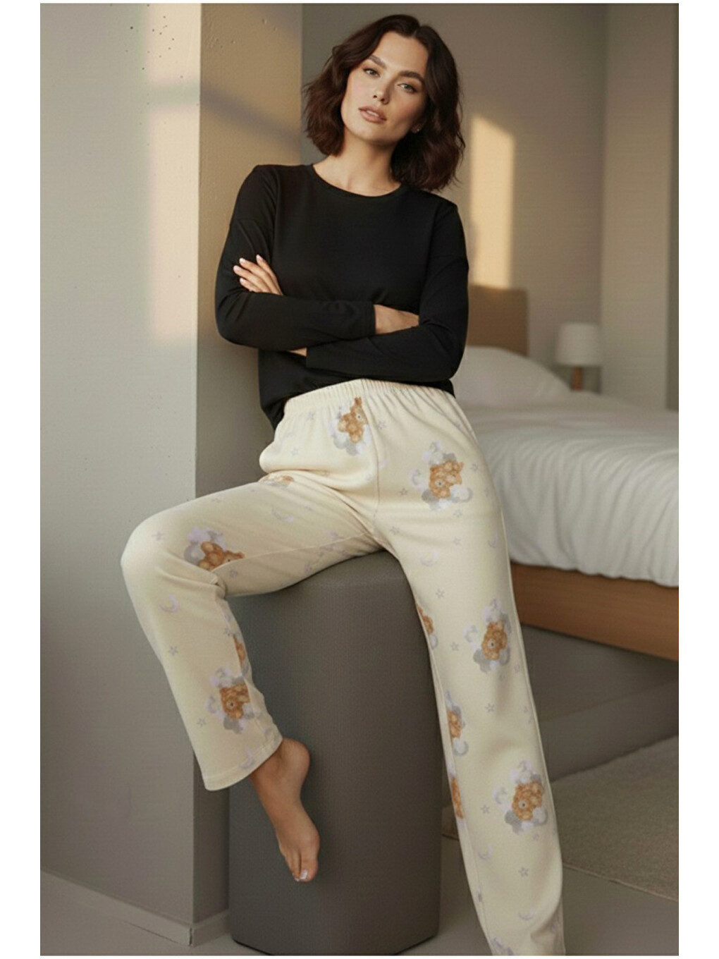Ekru Krem Ayıcık Desenli Pamuklu Örme Pijama Takım 7975-1