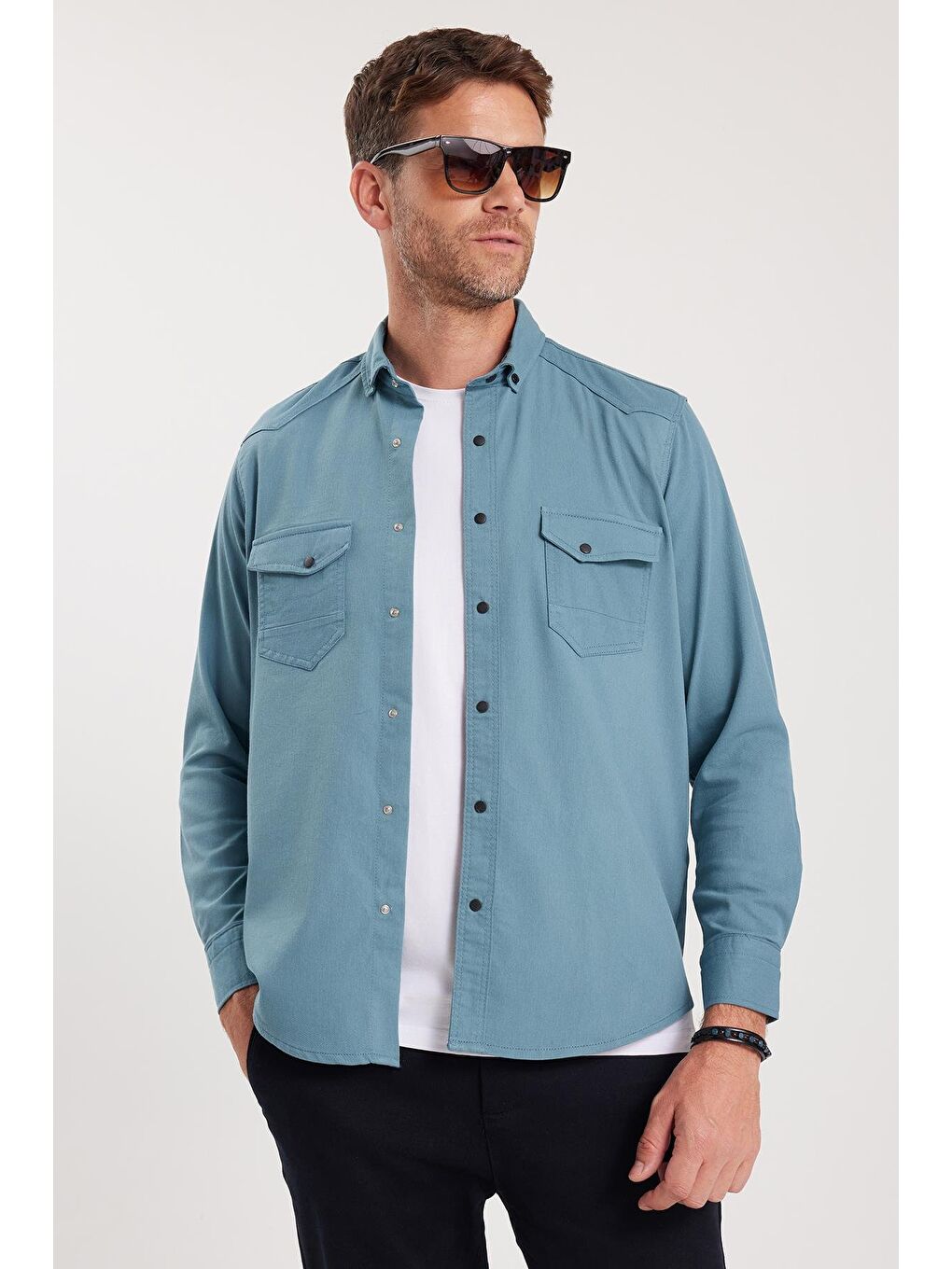 Erkek Regular Fit Rahat Kesim Çift Cepli Spor Yaka Denim Petrol Gömlek-4