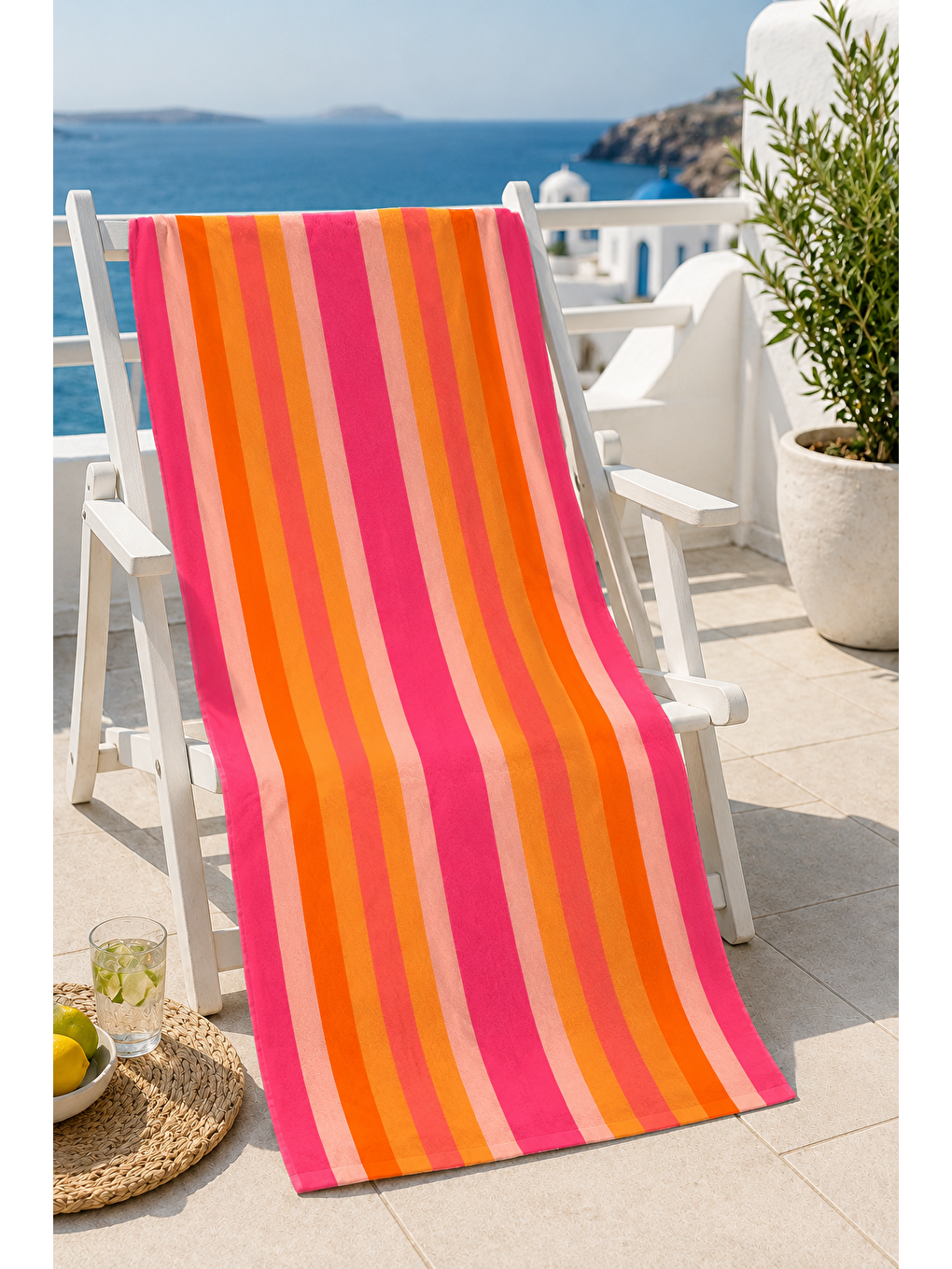 Mavi Canlı Pembe Turuncu Şerit Desenli 70x150 Plaj Havlusu-2