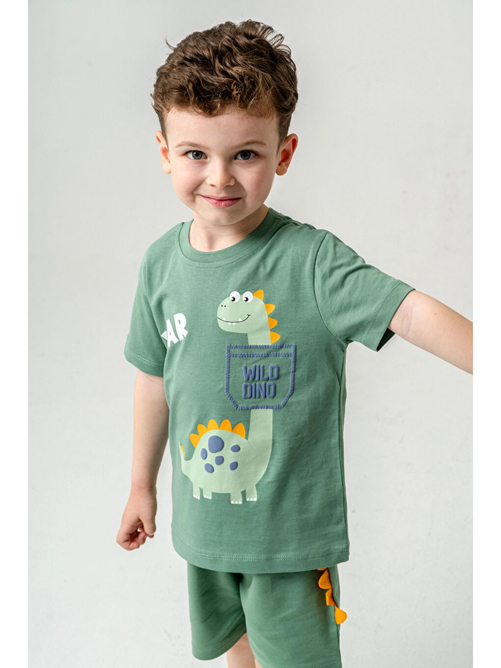 Haki Wild Dino Baskılı Erkek Çocuk Şortlu Takım 50302-2