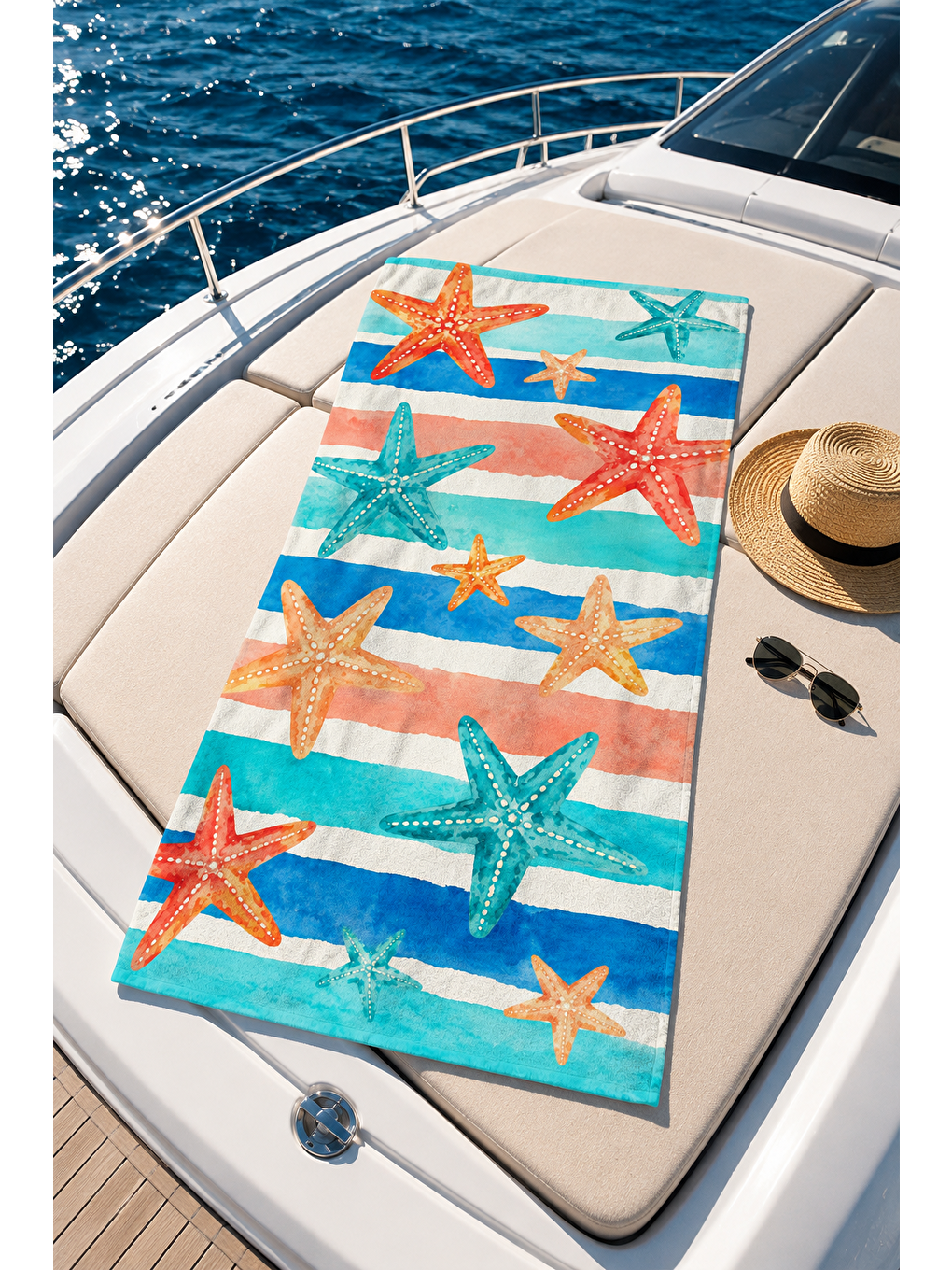 Turuncu Mavi Şeritli Deniz Yıldızı Desenli 70x150 Plaj Havlusu-2