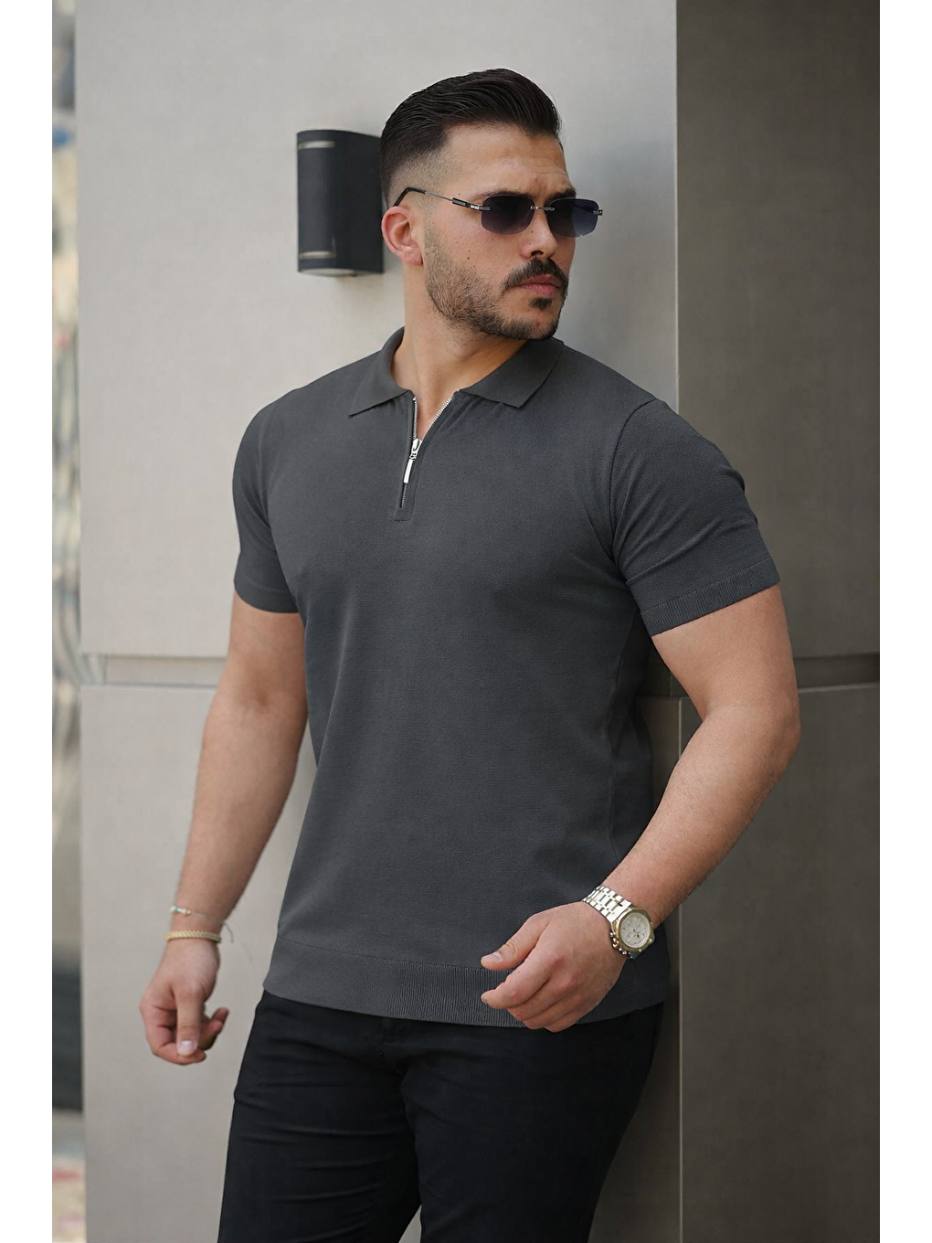 Gri Erkek Fermuarlı Polo Yaka Slim Fit Triko T-Shirt
