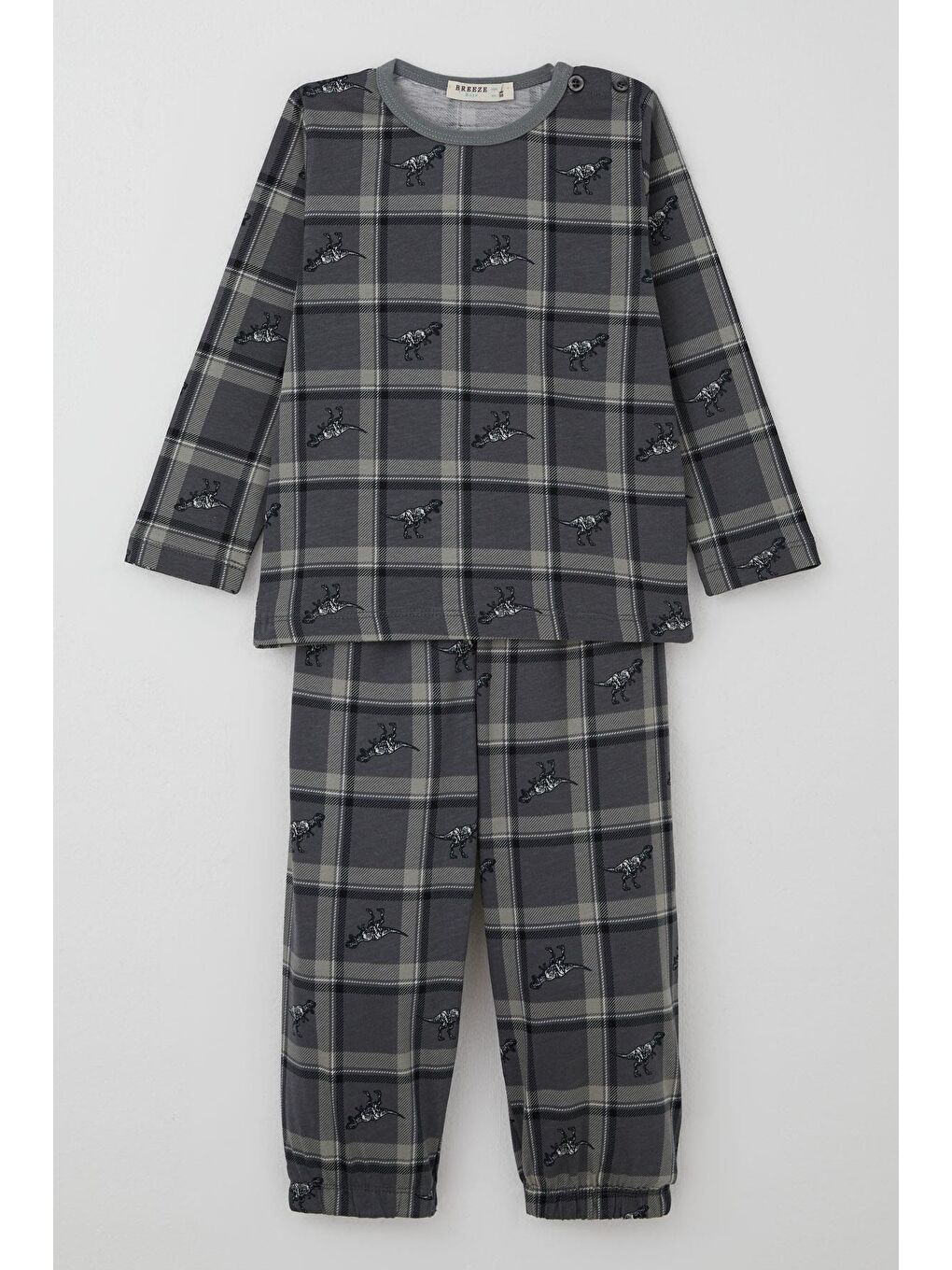 Erkek Bebek Pijama Takımı Dinozor Krallığı Ekose Desenli Gri (9 Ay-3 Yaş)