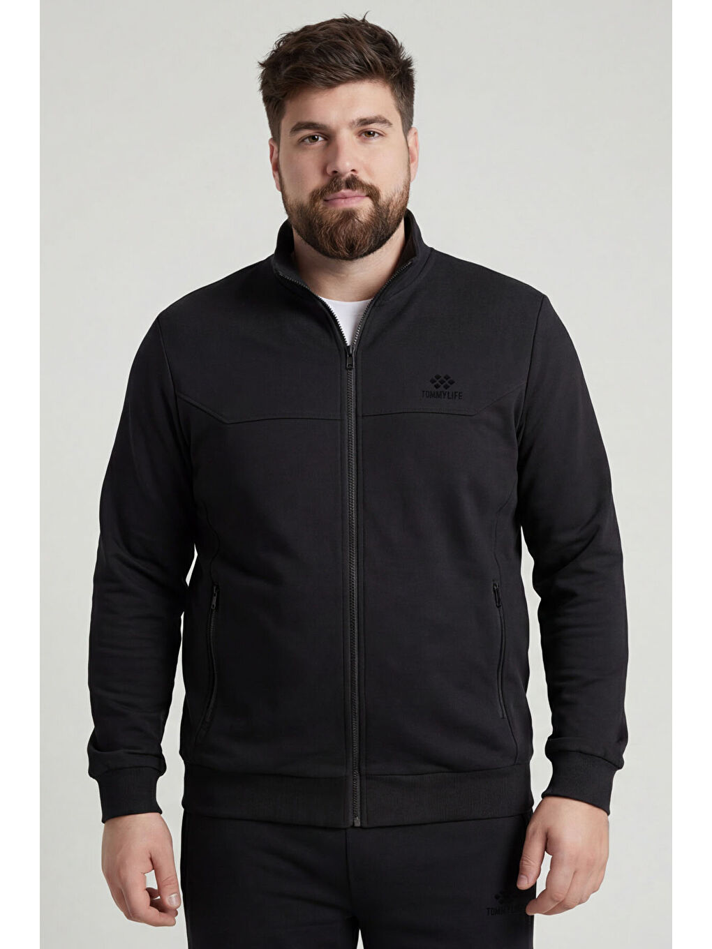 Siyah Dik Yaka Battal Büyük Beden Erkek Eşofman Takım - 85176-2