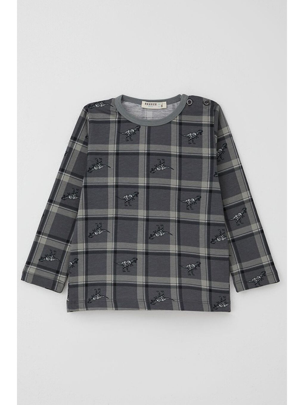 Erkek Bebek Pijama Takımı Dinozor Krallığı Ekose Desenli Gri (9 Ay-3 Yaş)-1