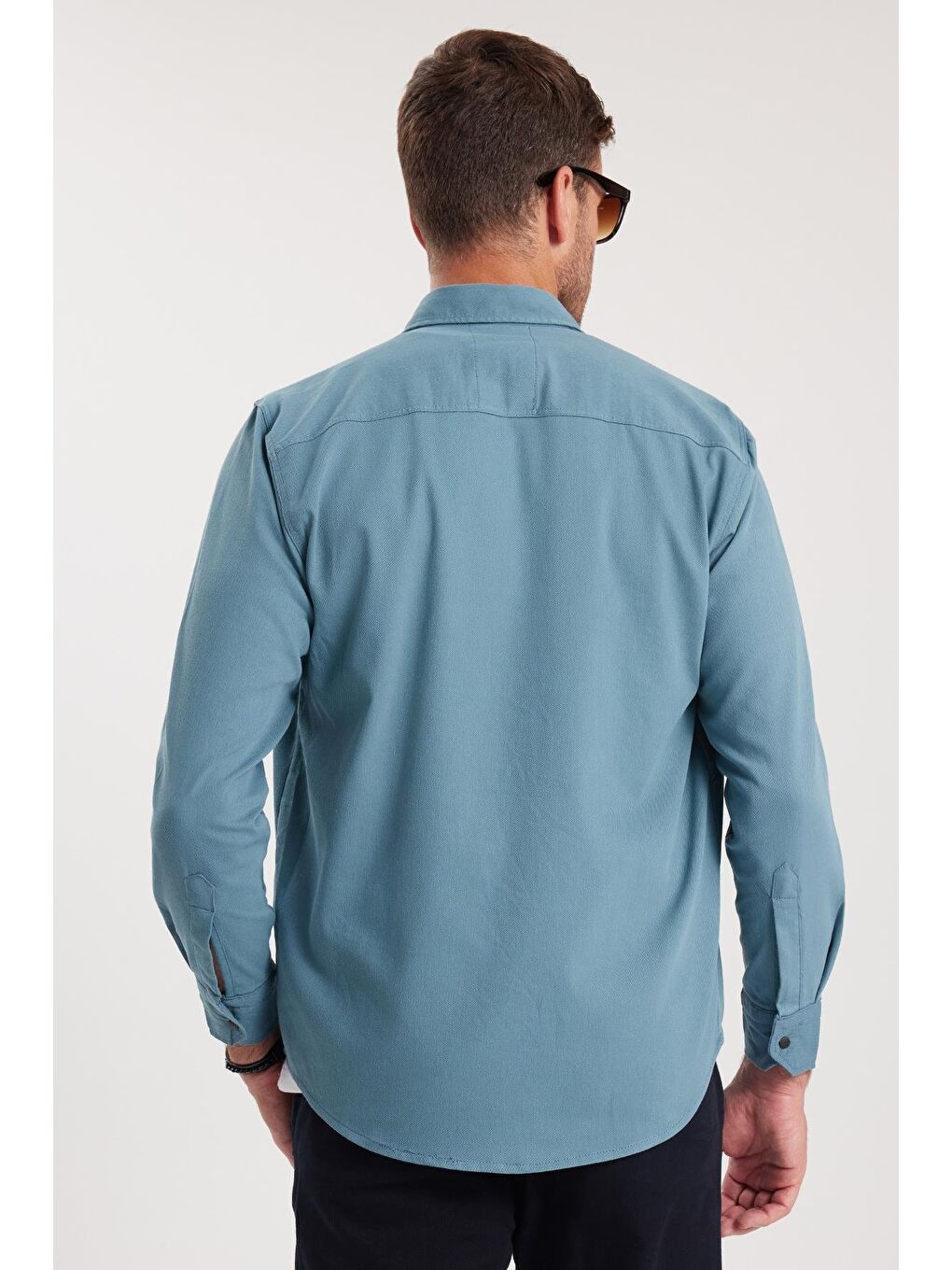 Erkek Regular Fit Rahat Kesim Çift Cepli Spor Yaka Denim Petrol Gömlek-6