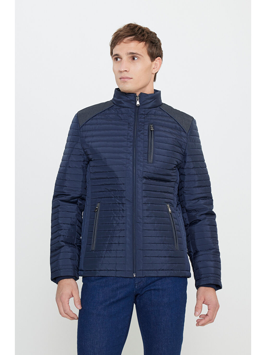 Erkek Lacivert Standart Fit Normal Kesim Dik Yaka Desenli Mont-2