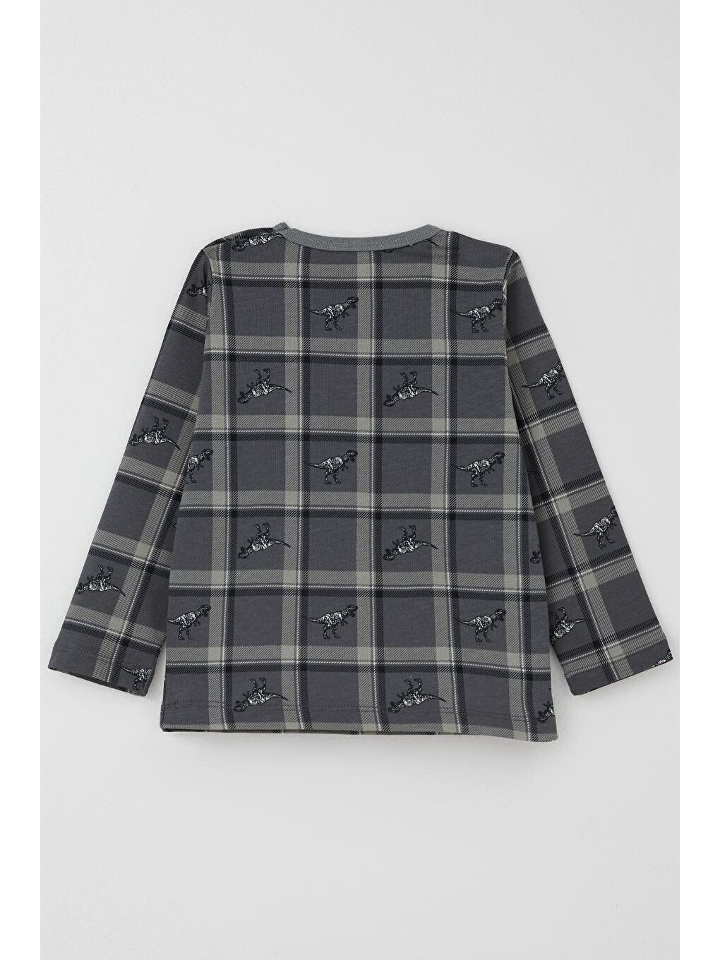 Erkek Bebek Pijama Takımı Dinozor Krallığı Ekose Desenli Gri (9 Ay-3 Yaş)-3