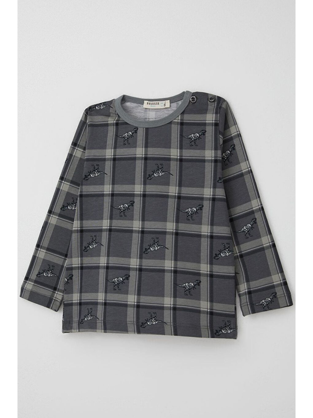 Erkek Bebek Pijama Takımı Dinozor Krallığı Ekose Desenli Gri (9 Ay-3 Yaş)-5