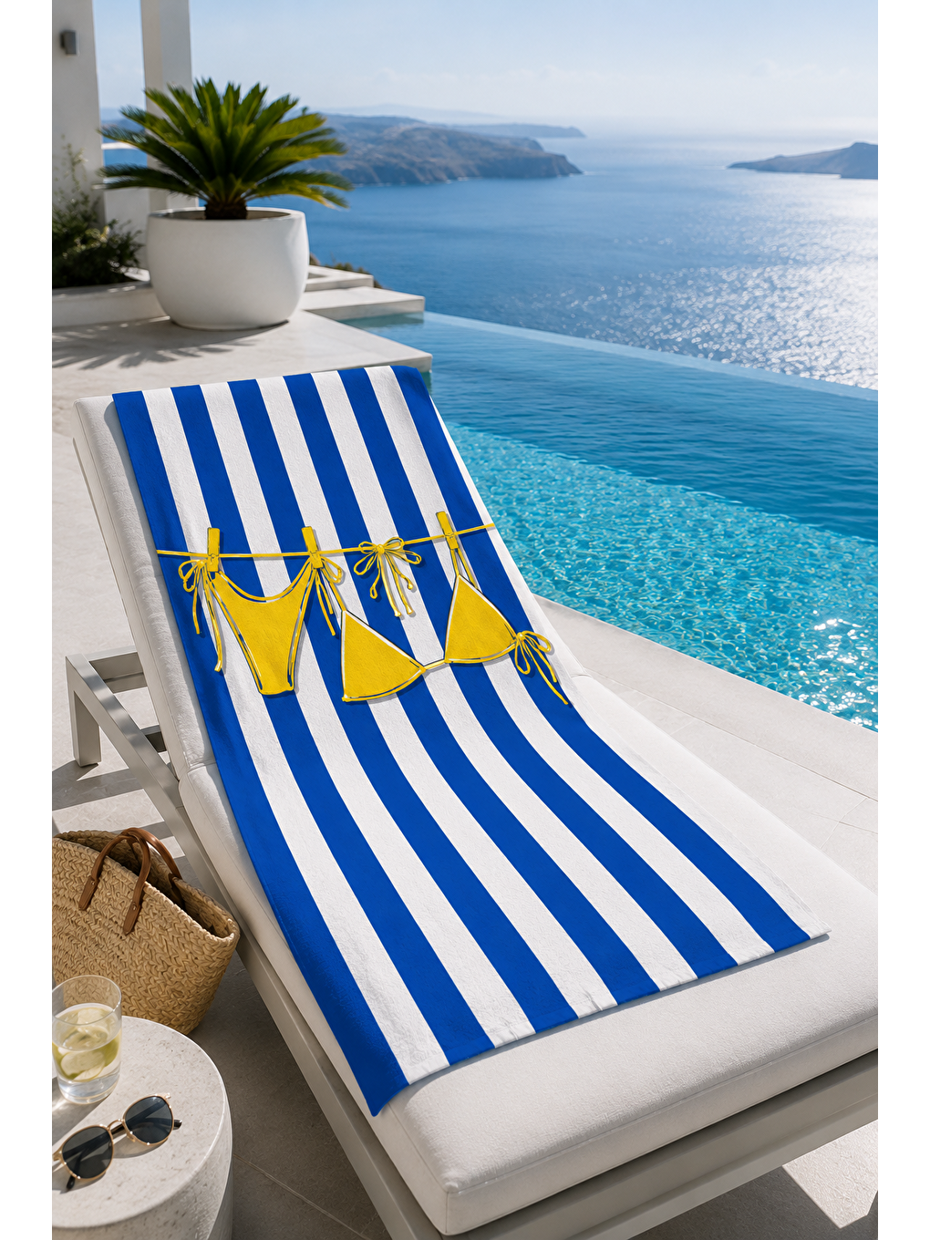 Ekru Mavi Beyaz Şerit Bikini Desenli 70x150 Plaj Havlusu-3