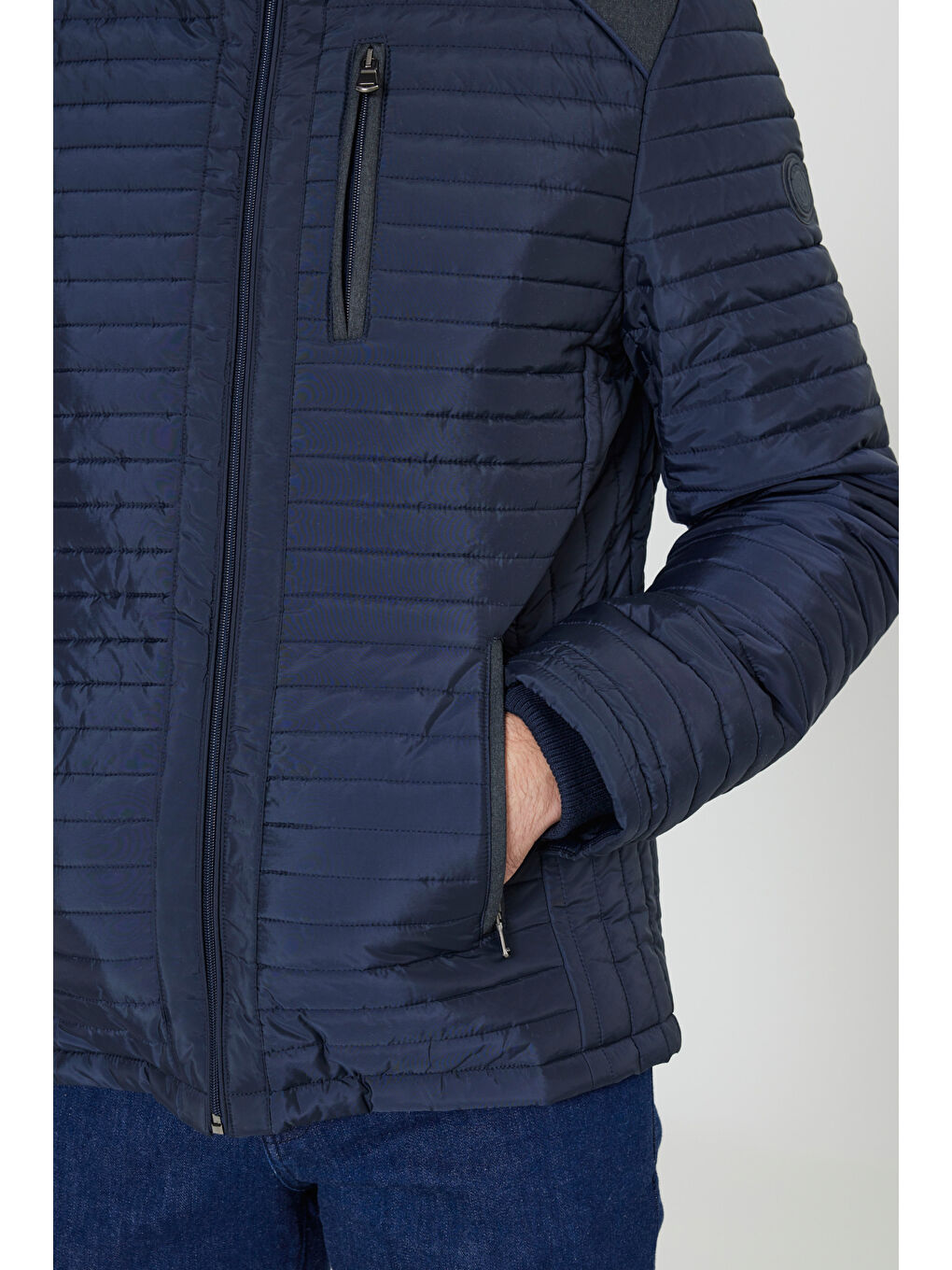 Erkek Lacivert Standart Fit Normal Kesim Dik Yaka Desenli Mont-5