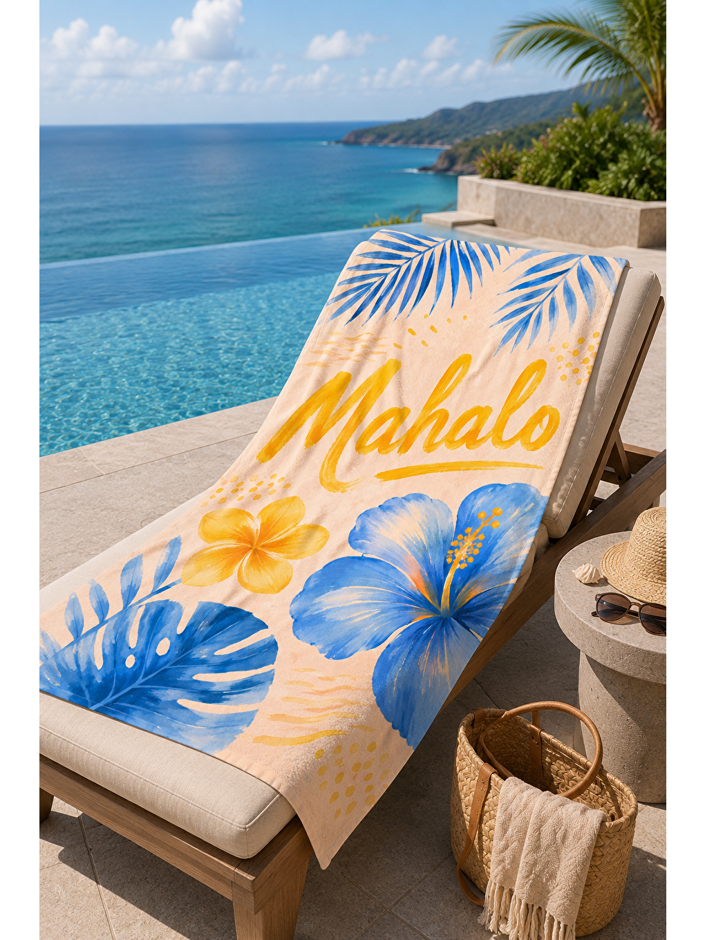 Siyah Mahalo Çiçek Ve Tropik Yaprak Desenli 70x150 Plaj Havlusu-2