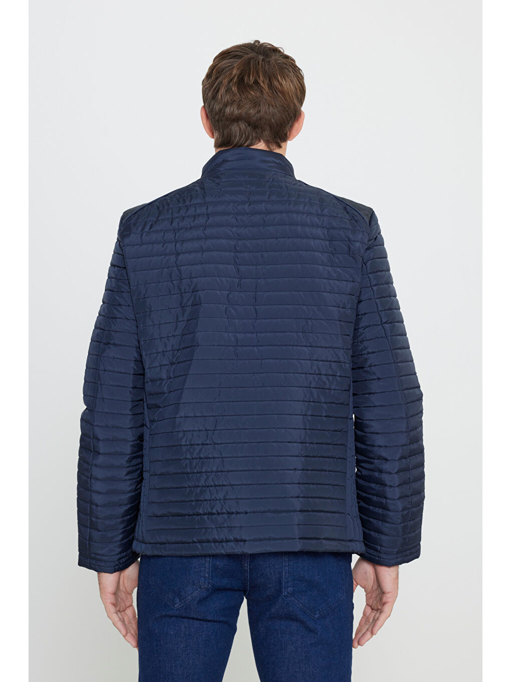 Erkek Lacivert Standart Fit Normal Kesim Dik Yaka Desenli Mont-6