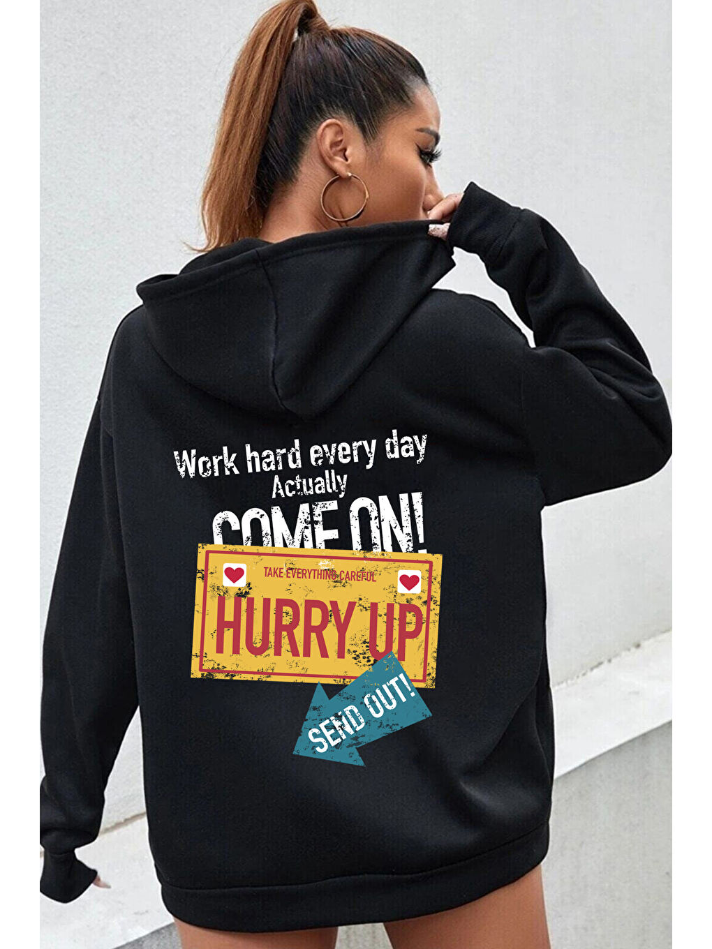 uyguntarz Siyah Unisex Oversize Hurry Up Baskılı Sweatshirt