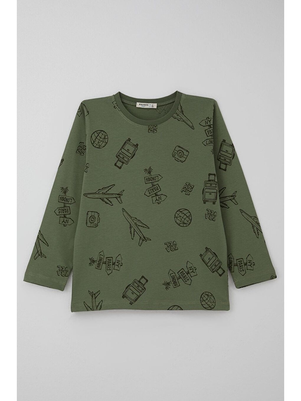 Erkek Çocuk Pijama Takımı Seyahat Temalı Dünya Gezgini Haki Yeşil (4-8 Yaş)-1