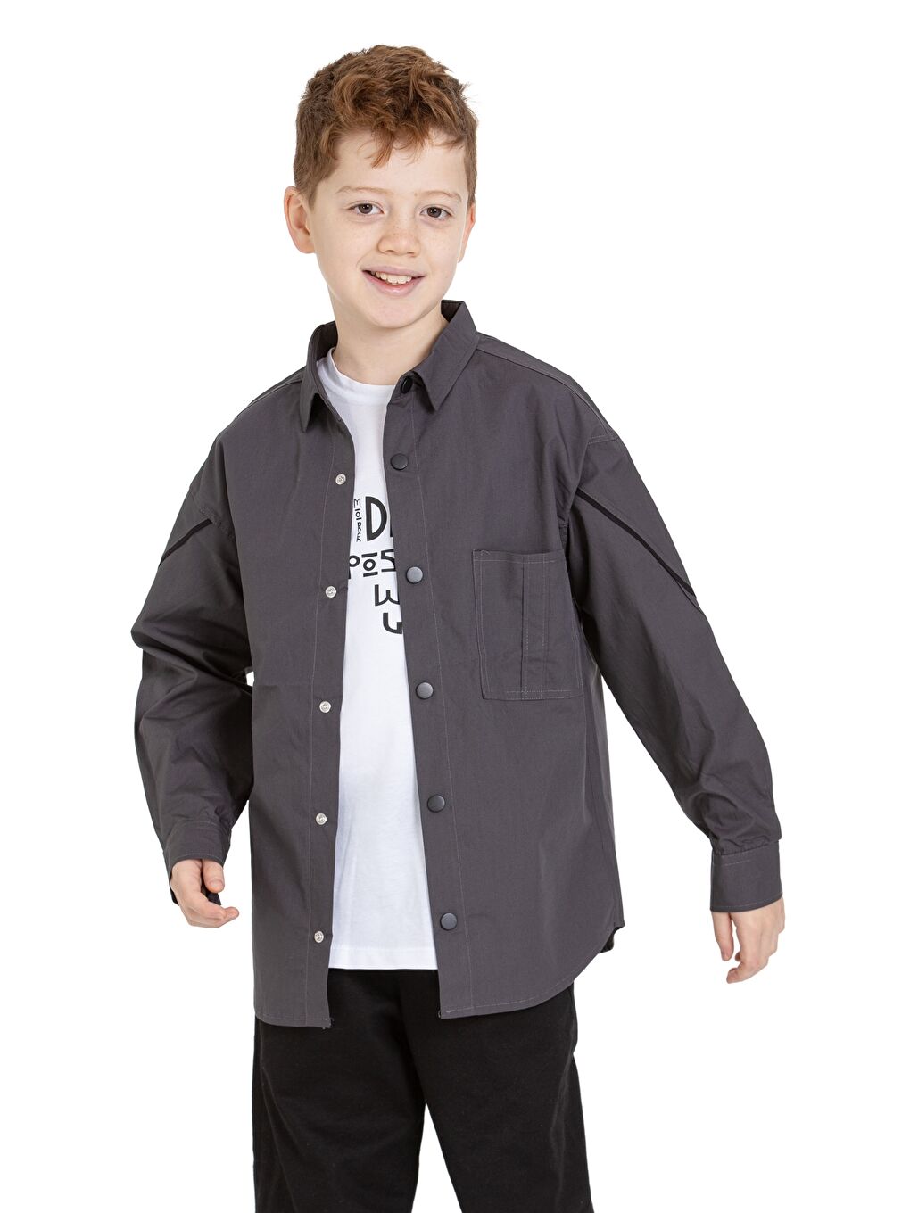 Gri Erkek Çocuk 2'li Takım (%100 Poplin Pamuk Gömlek+Tişört) P1083-1