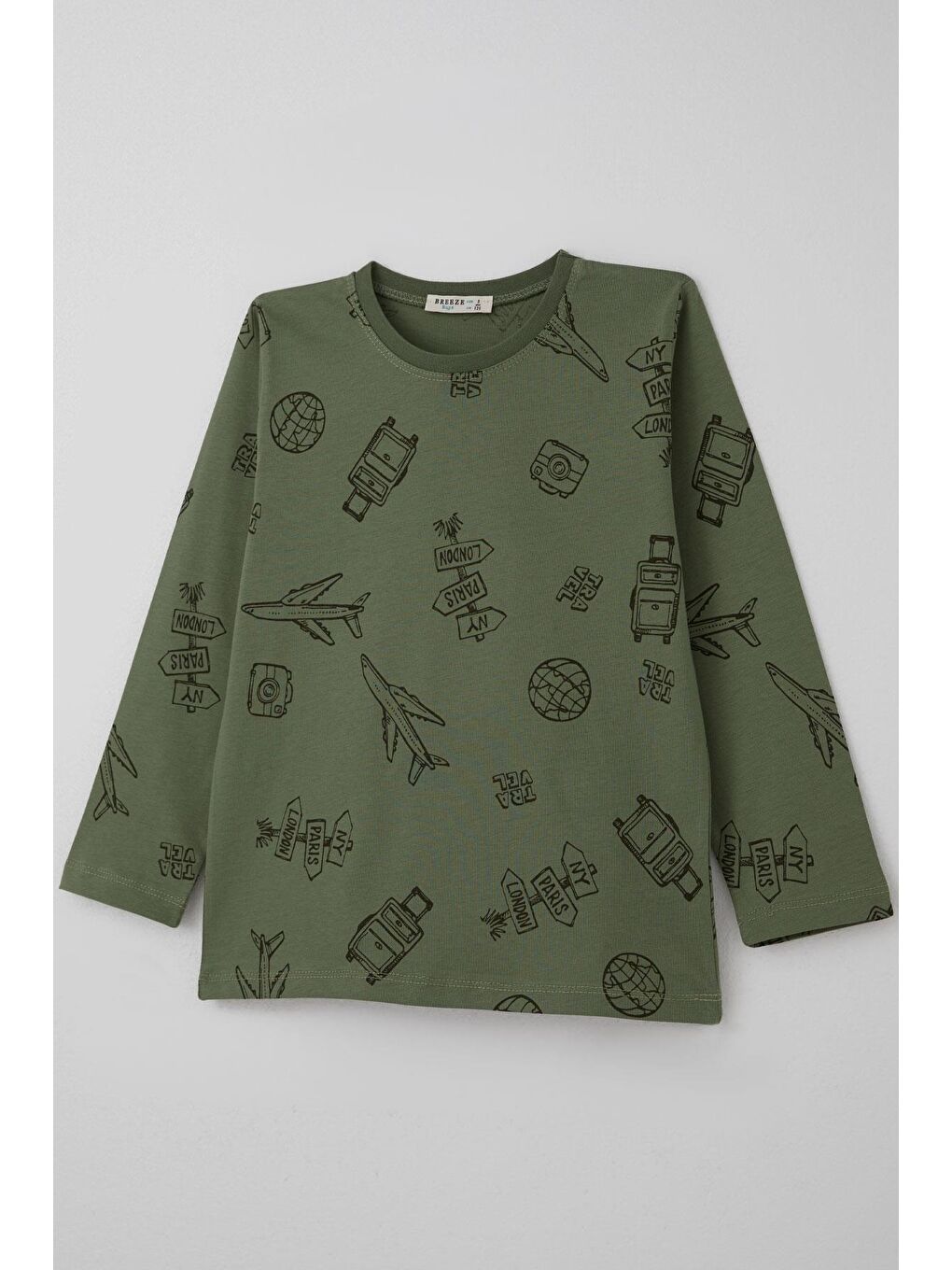 Erkek Çocuk Pijama Takımı Seyahat Temalı Dünya Gezgini Haki Yeşil (4-8 Yaş)-5