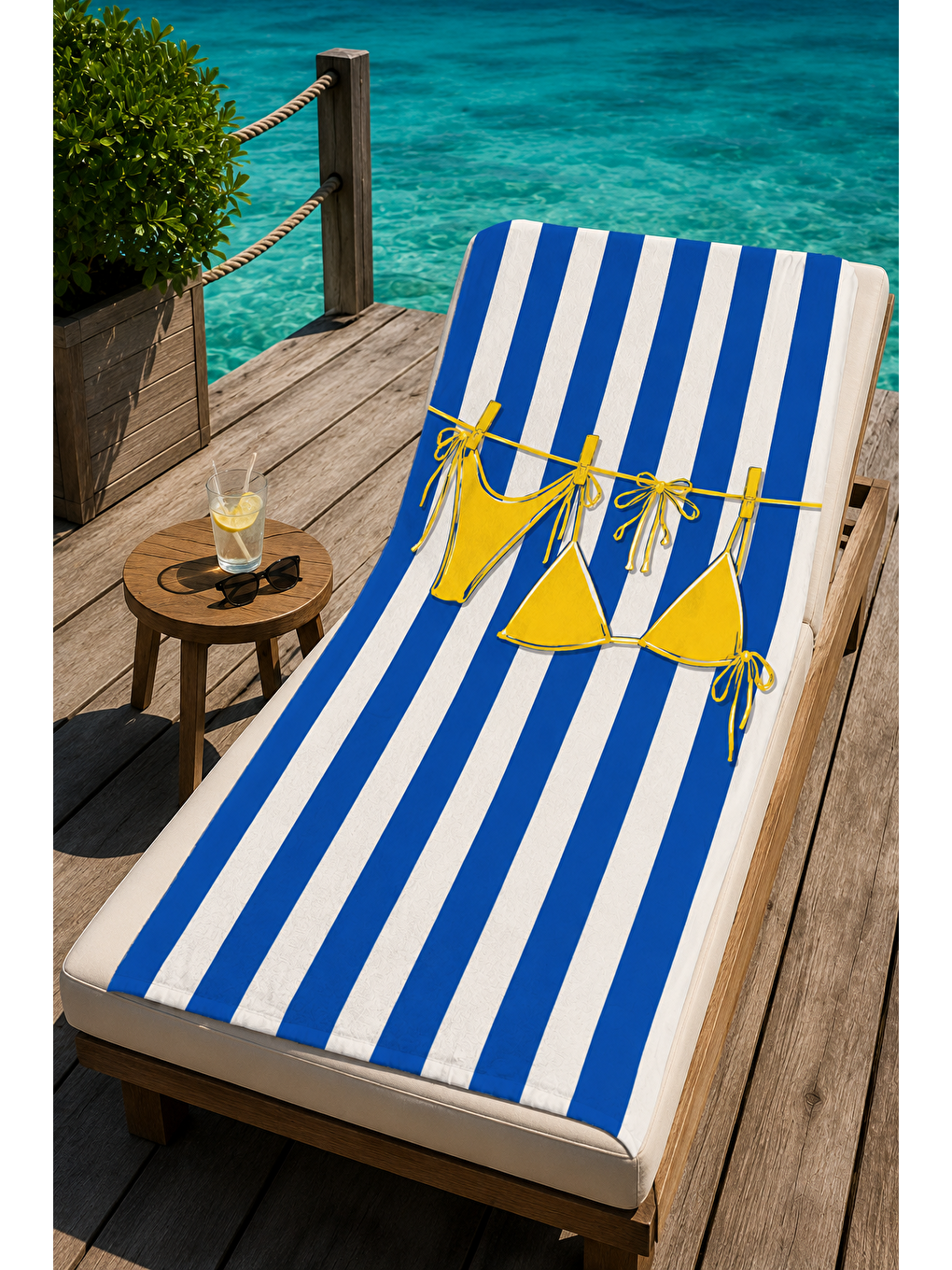 Ekru Mavi Beyaz Şerit Bikini Desenli 70x150 Plaj Havlusu-4