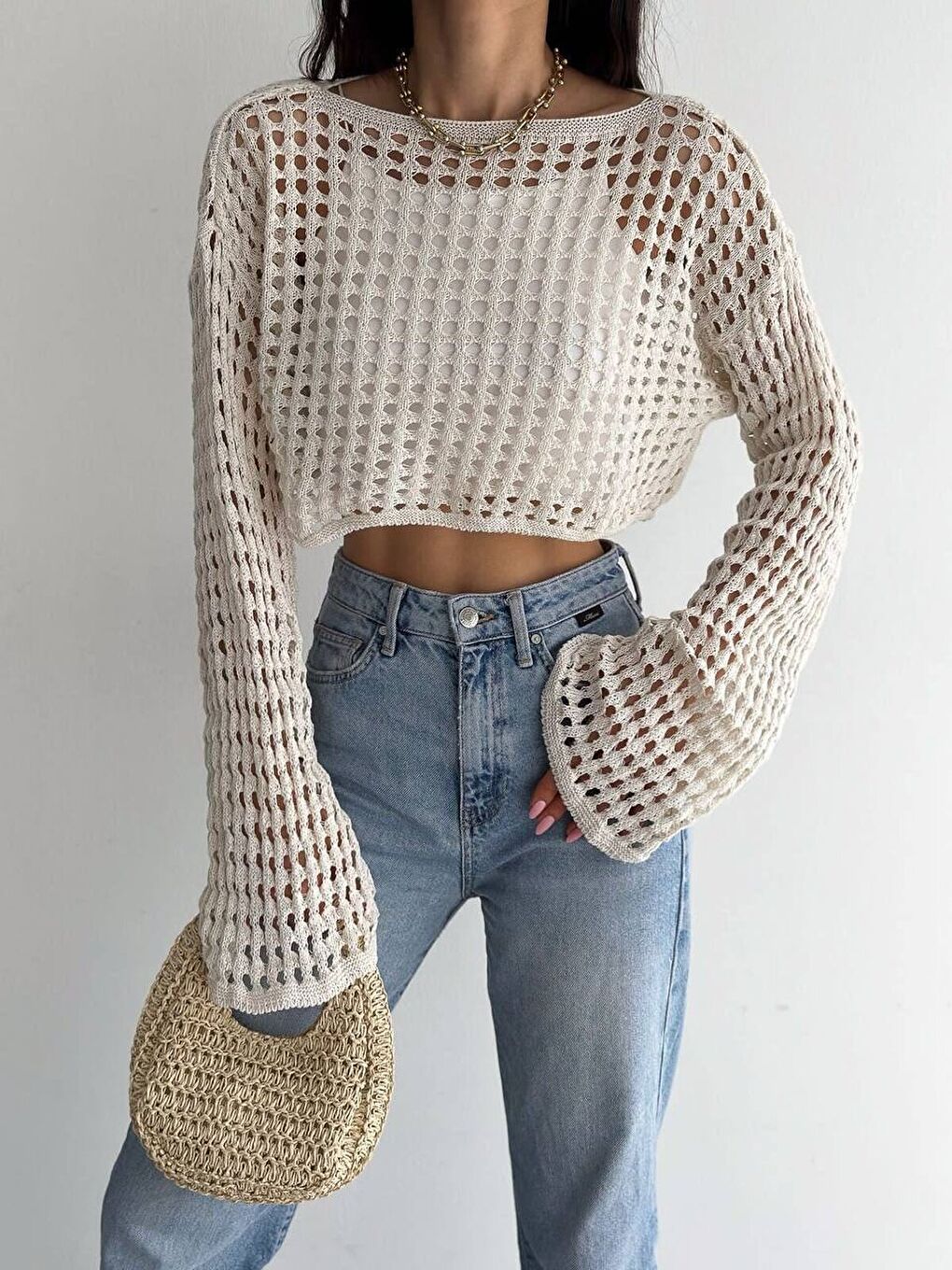 Ekru Mini Ajurlu Kazak-2