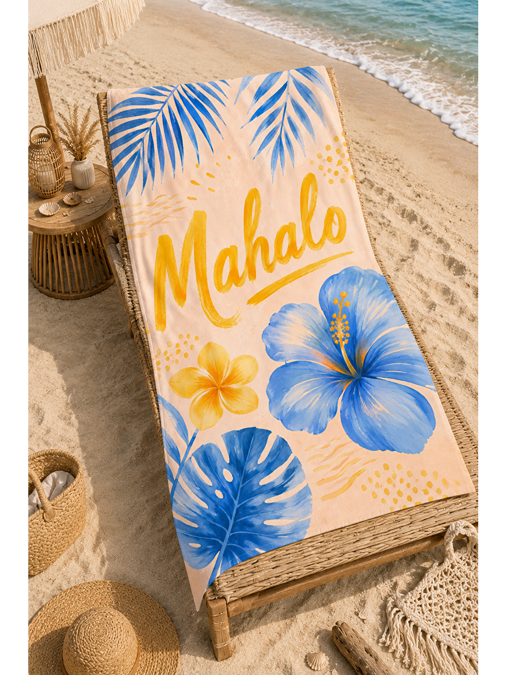 Siyah Mahalo Çiçek Ve Tropik Yaprak Desenli 70x150 Plaj Havlusu-3