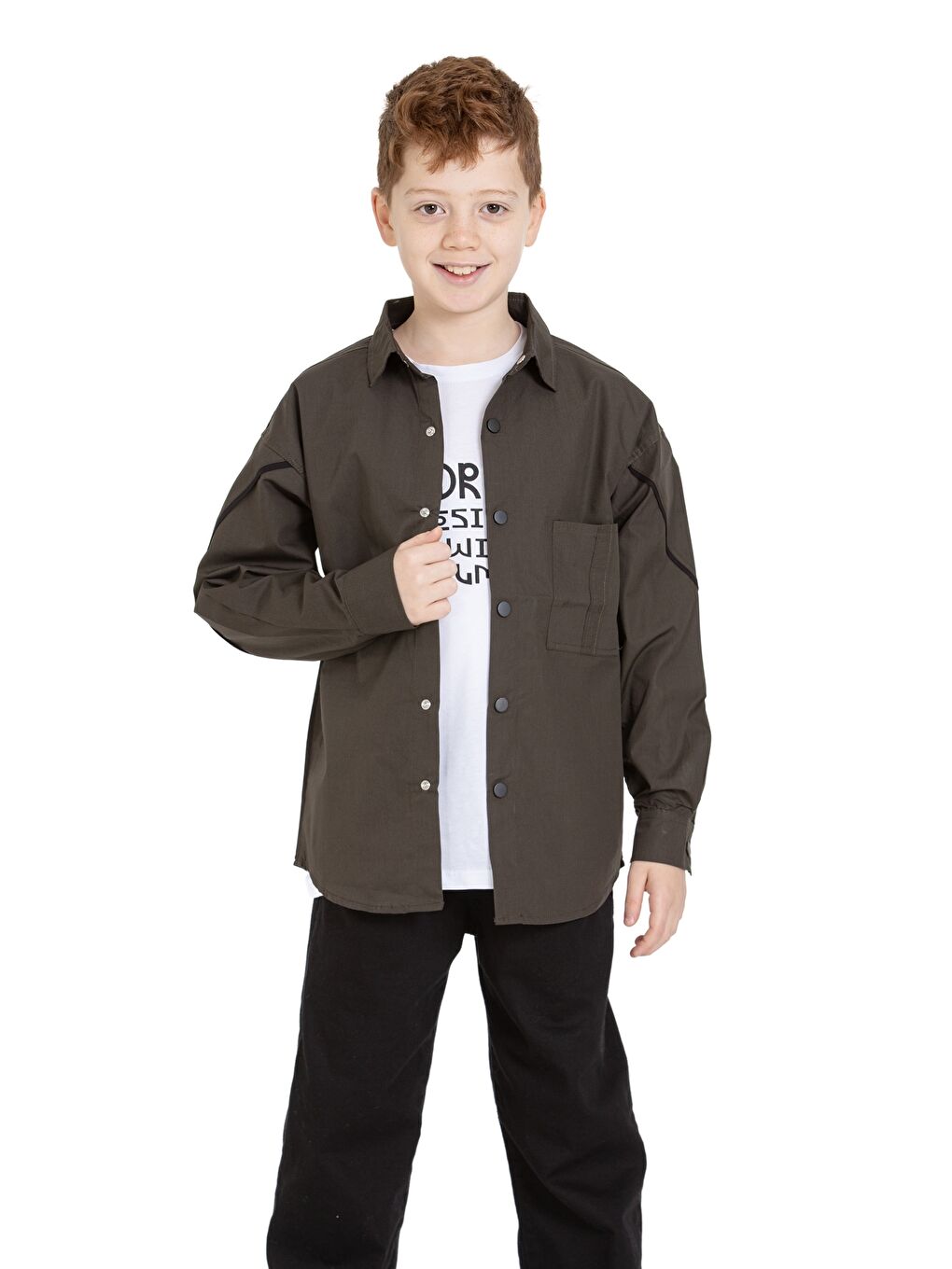 Haki Erkek Çocuk 2'li Takım (%100 Poplin Pamuk Gömlek+Tişört) P1083-1