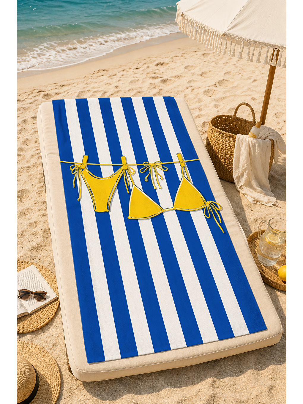 Ekru Mavi Beyaz Şerit Bikini Desenli 70x150 Plaj Havlusu-5