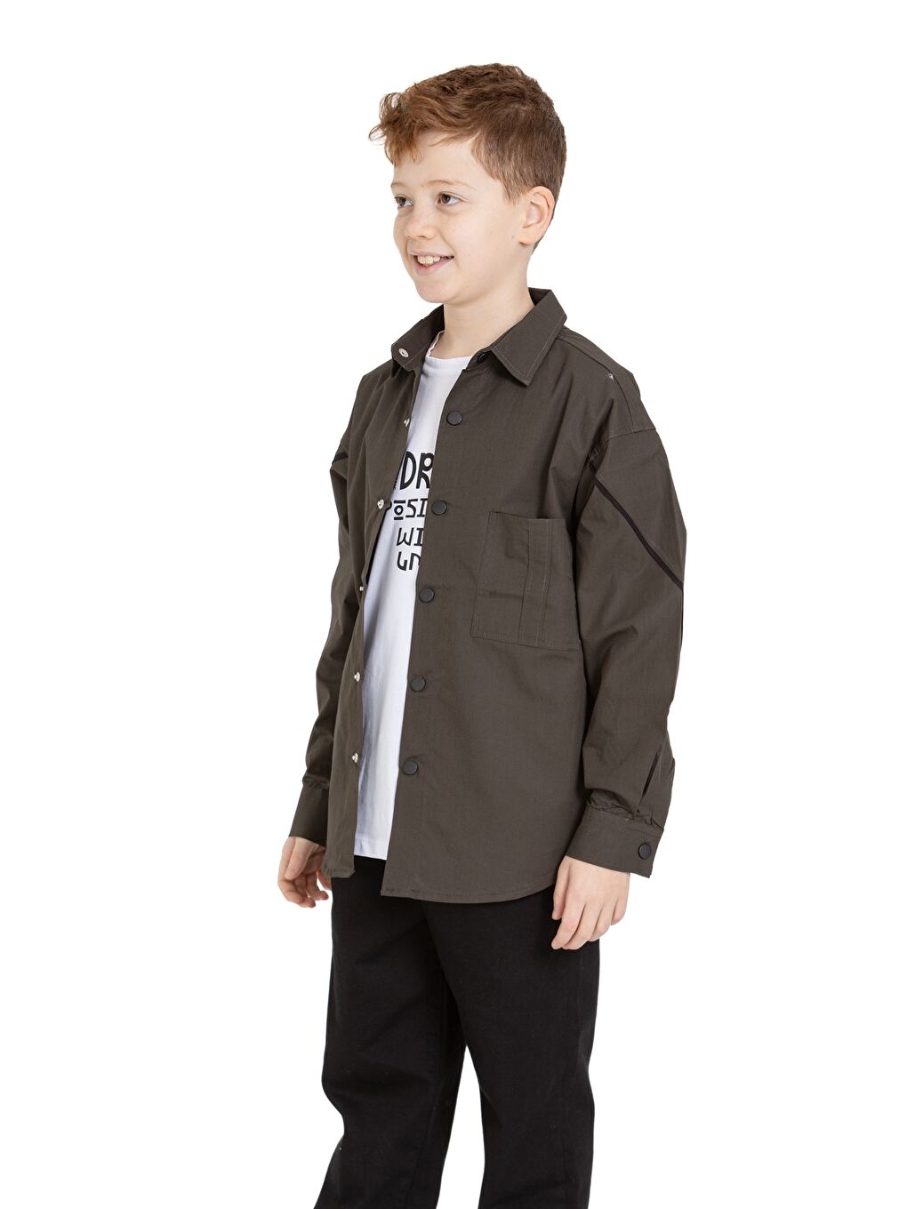 Haki Erkek Çocuk 2'li Takım (%100 Poplin Pamuk Gömlek+Tişört) P1083-2