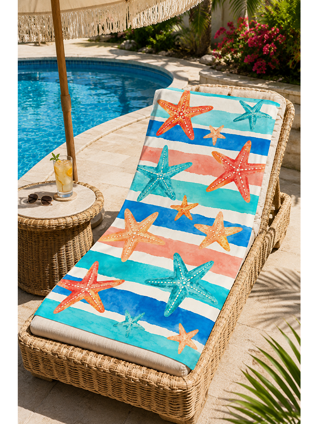 Turuncu Mavi Şeritli Deniz Yıldızı Desenli 70x150 Plaj Havlusu-4