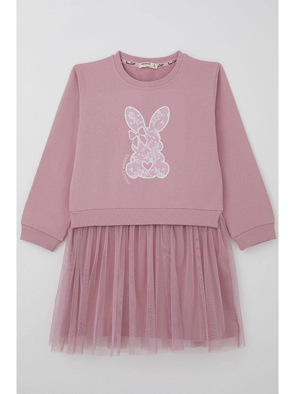 Pembe Kız Çocuk Uzun Kollu Elbise Sevimli Fiyonklu Kalpli Tavşancık Baskılı Gülkurusu (4-9 Yaş)