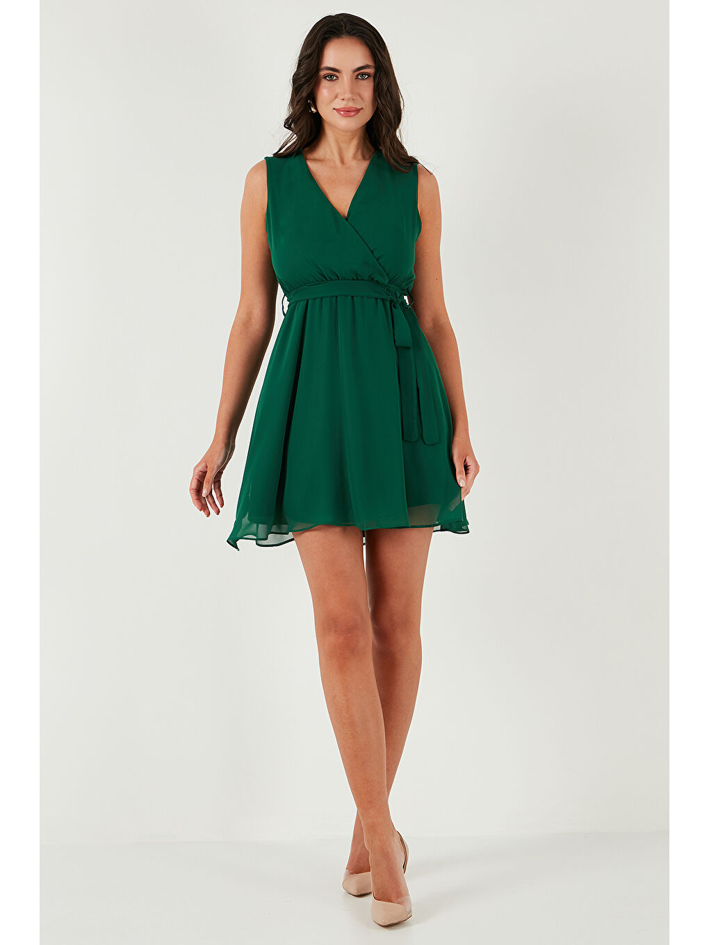 Yeşil Regular Fit Kruvaze Yaka Bağlama Detaylı Şifon Mini Boy Kadın Elbise 6789075-4