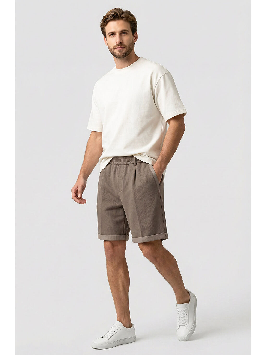 Koyu Bej Oversize Fit Basic Kemer Detaylı Erkek Şort - 81285-1