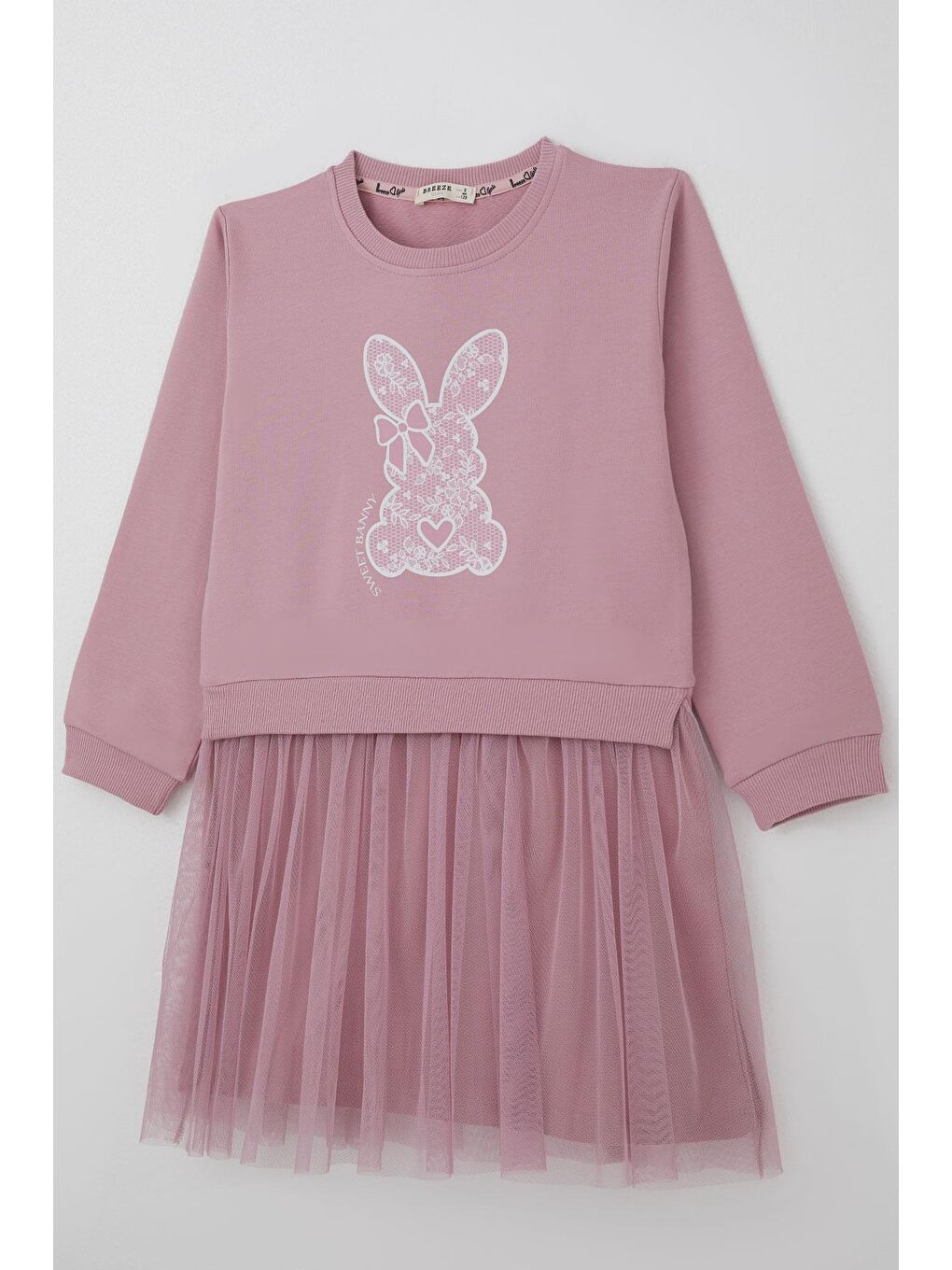 Pembe Kız Çocuk Uzun Kollu Elbise Sevimli Fiyonklu Kalpli Tavşancık Baskılı Gülkurusu (4-9 Yaş)-2