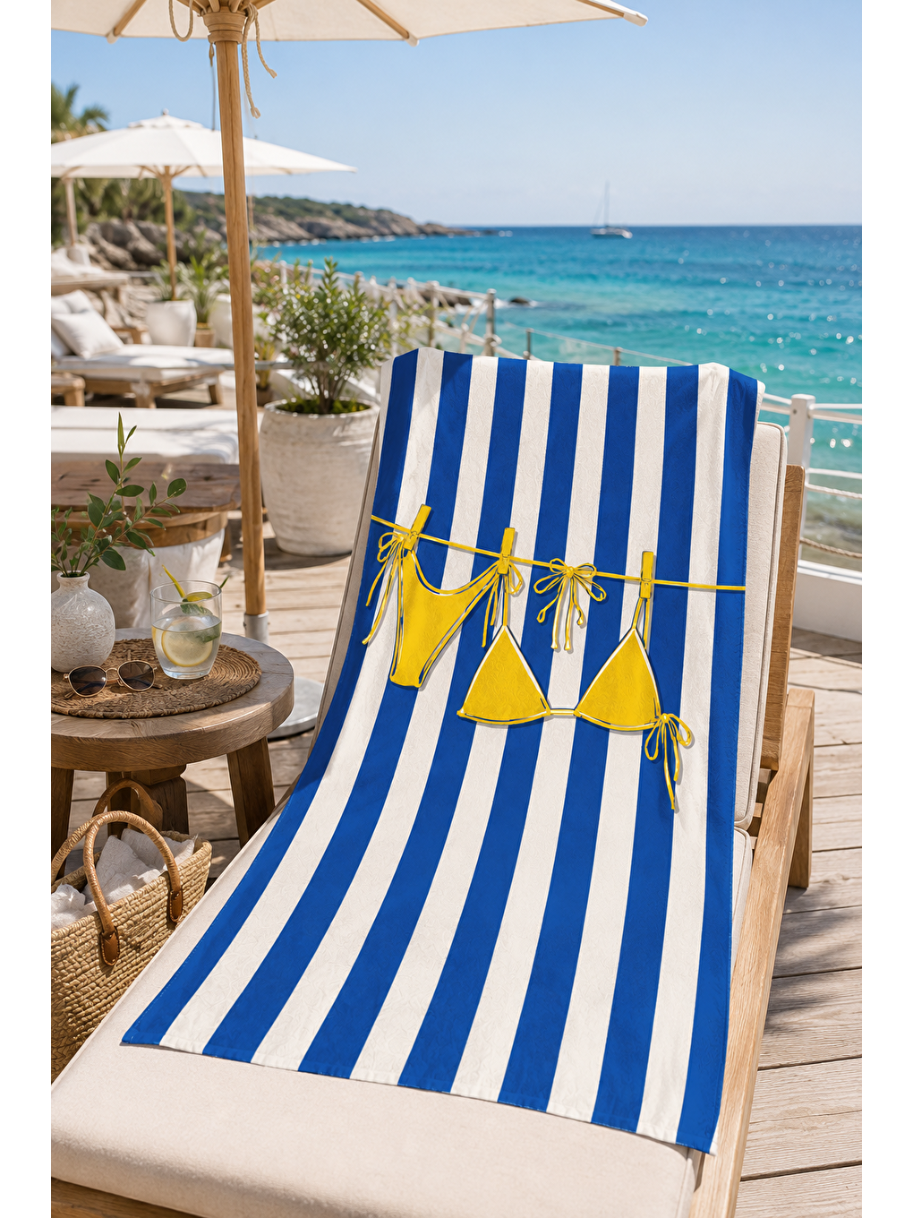 Ekru Mavi Beyaz Şerit Bikini Desenli 70x150 Plaj Havlusu-6