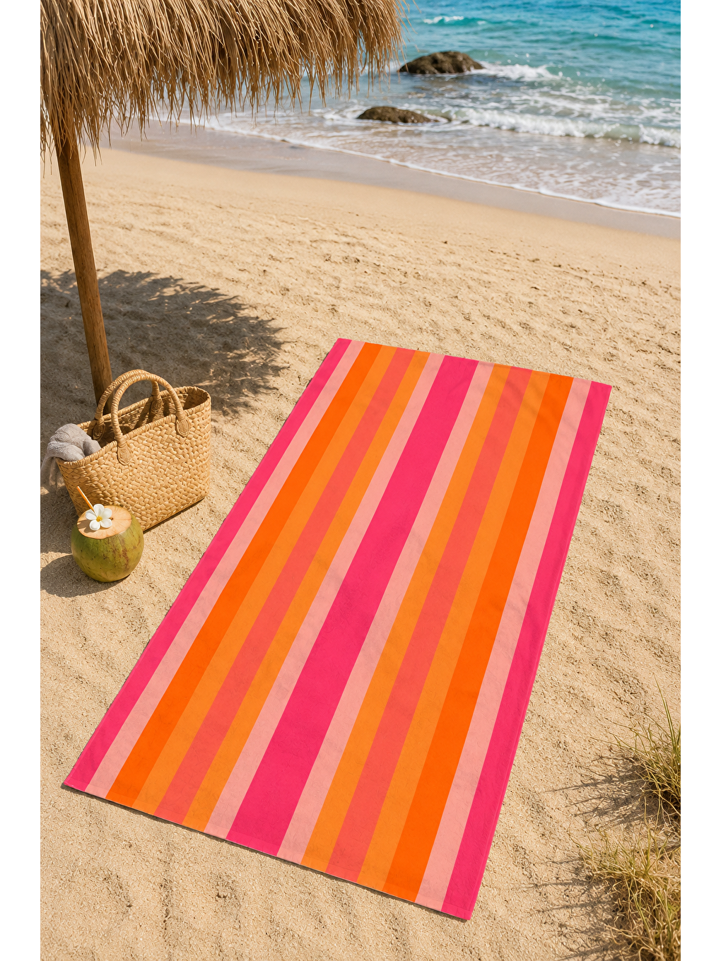 Mavi Canlı Pembe Turuncu Şerit Desenli 70x150 Plaj Havlusu-5